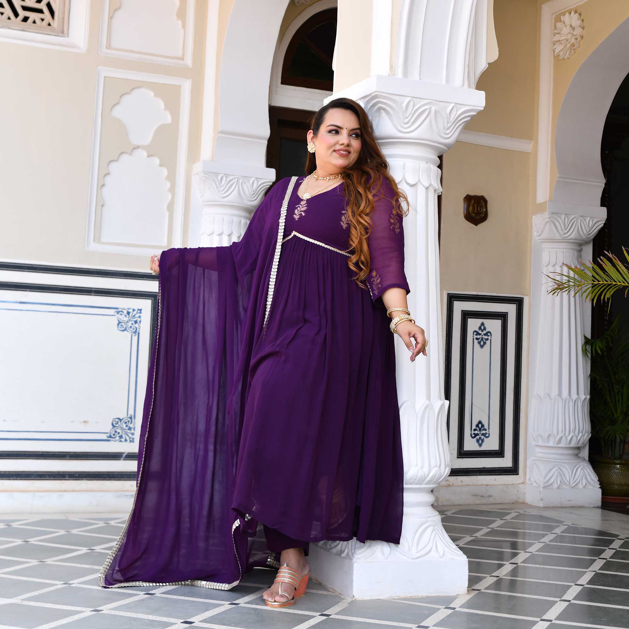 Deep Purple Banarasi Alia Cut Georgette Suit Set - Image 5