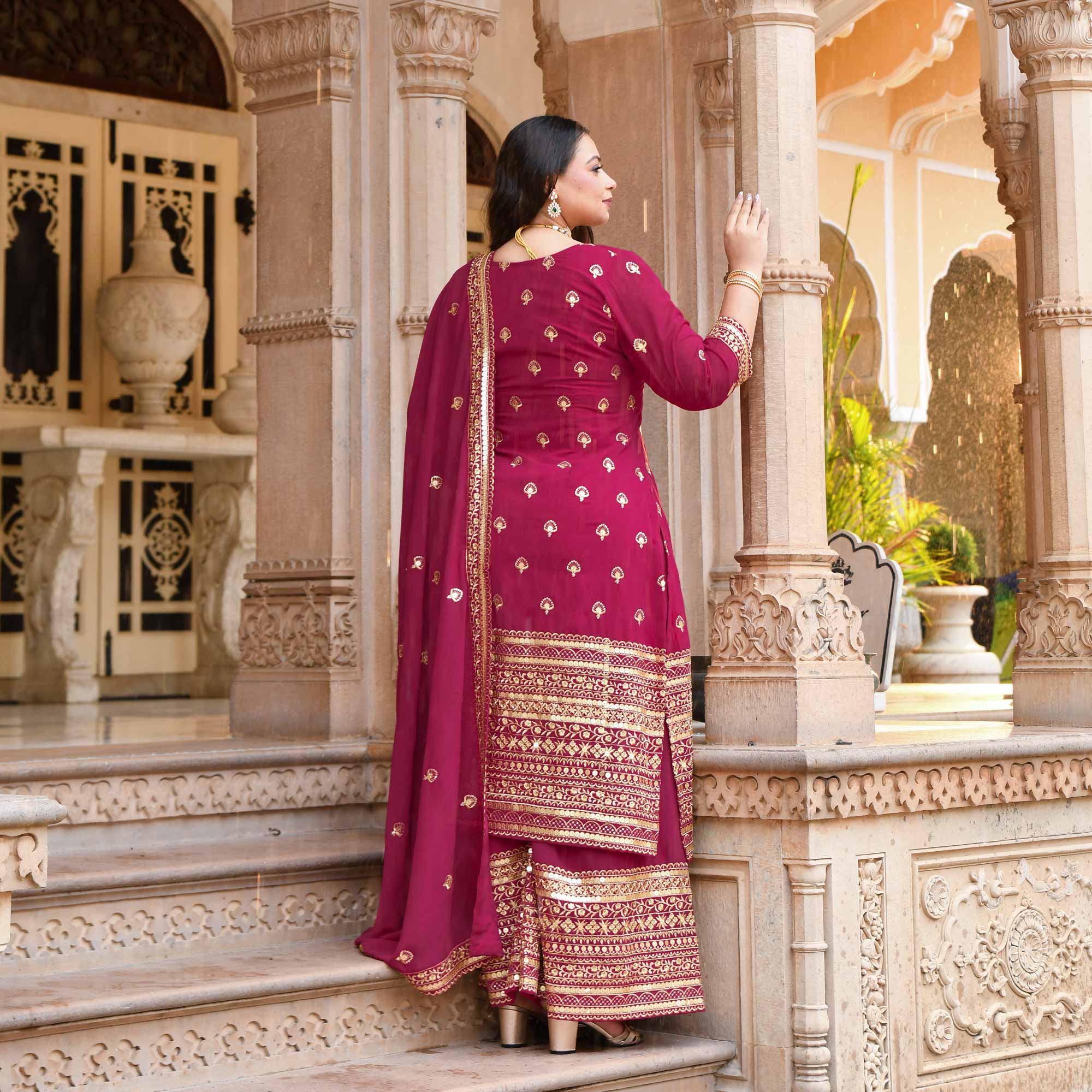 Deep Rose Sparkle Sequin Embroidered Georgette Suit Set - Image 10