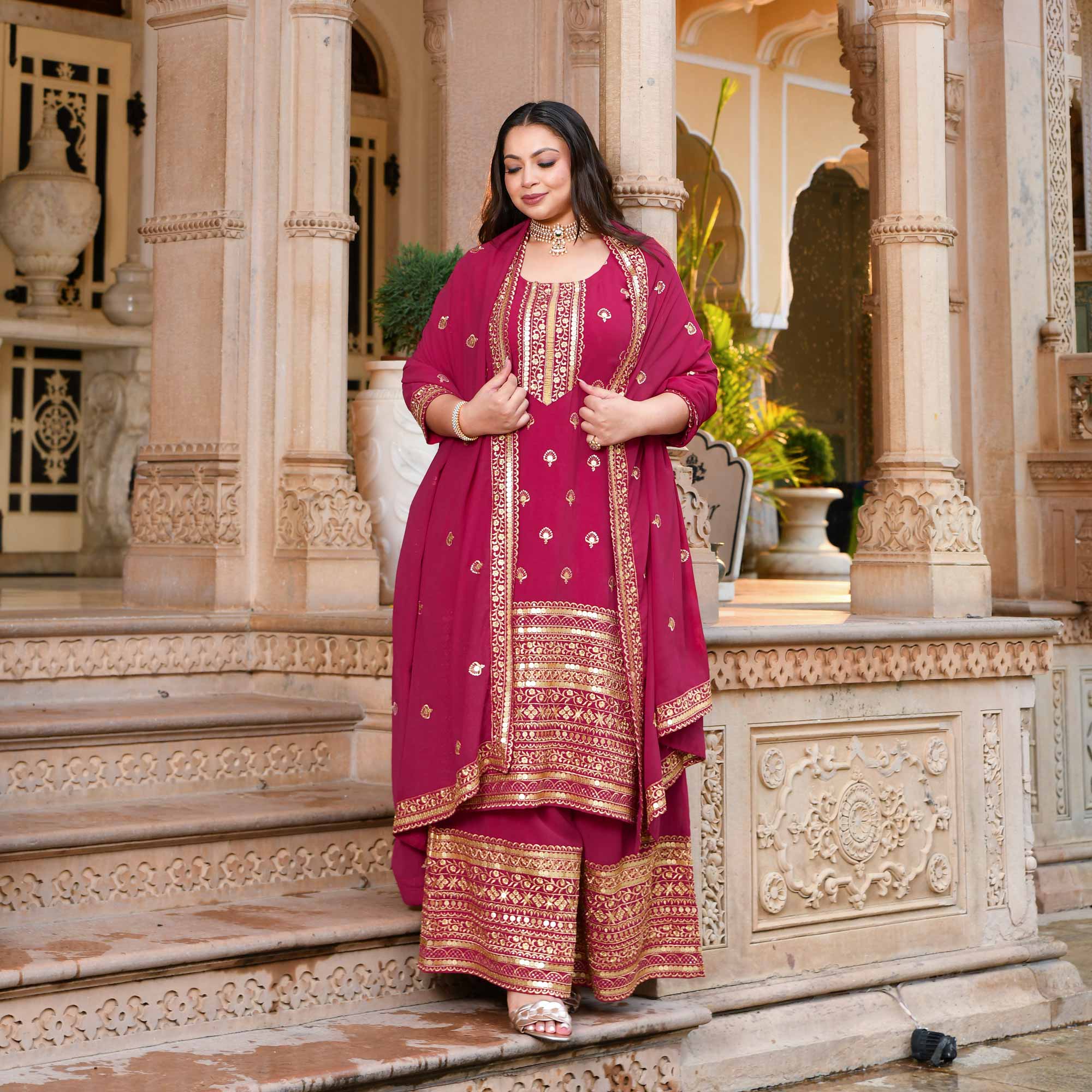 Deep Rose Sparkle Sequin Embroidered Georgette Suit Set - Image 3