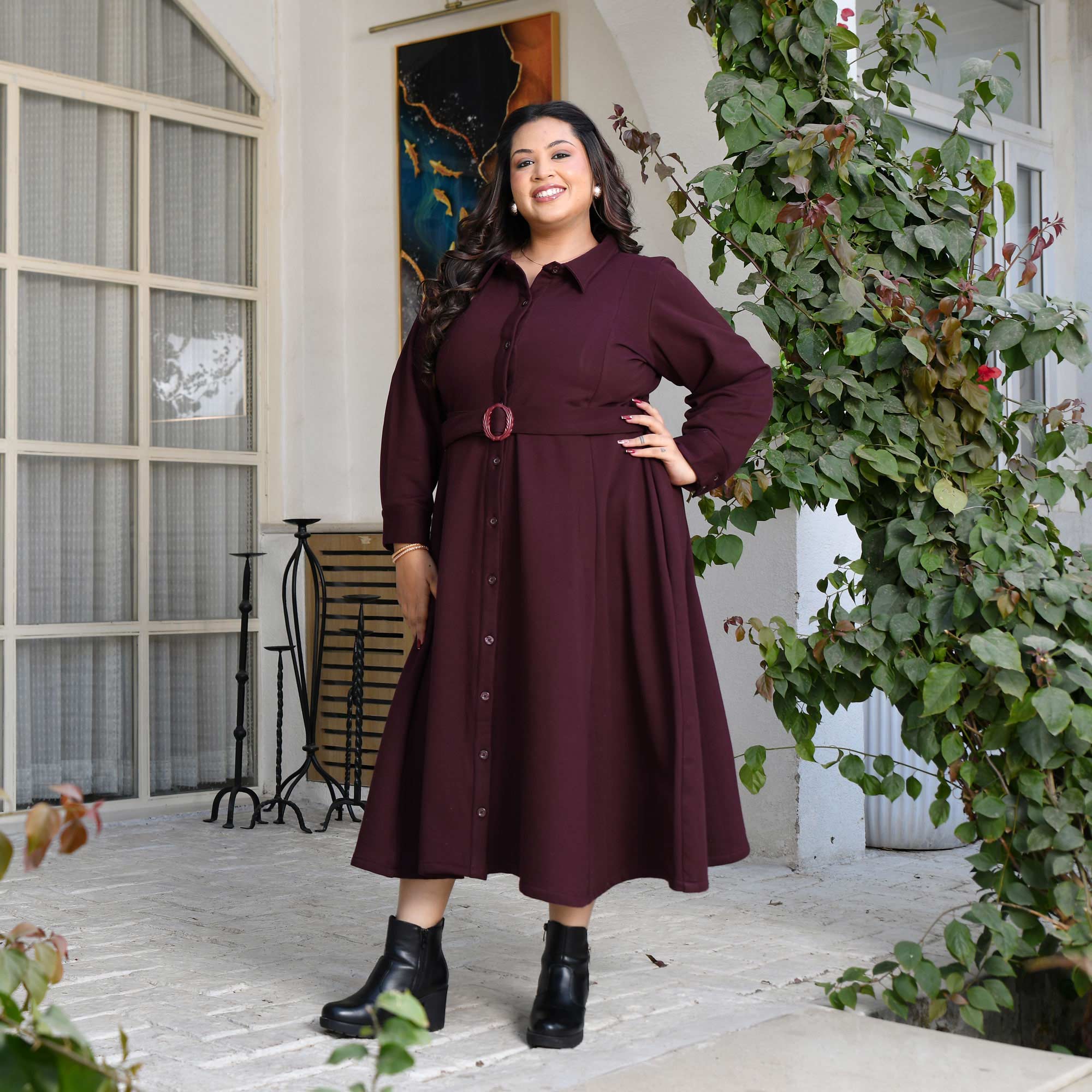Deep Wine Woollen Fleece Aline Dress - Image 11