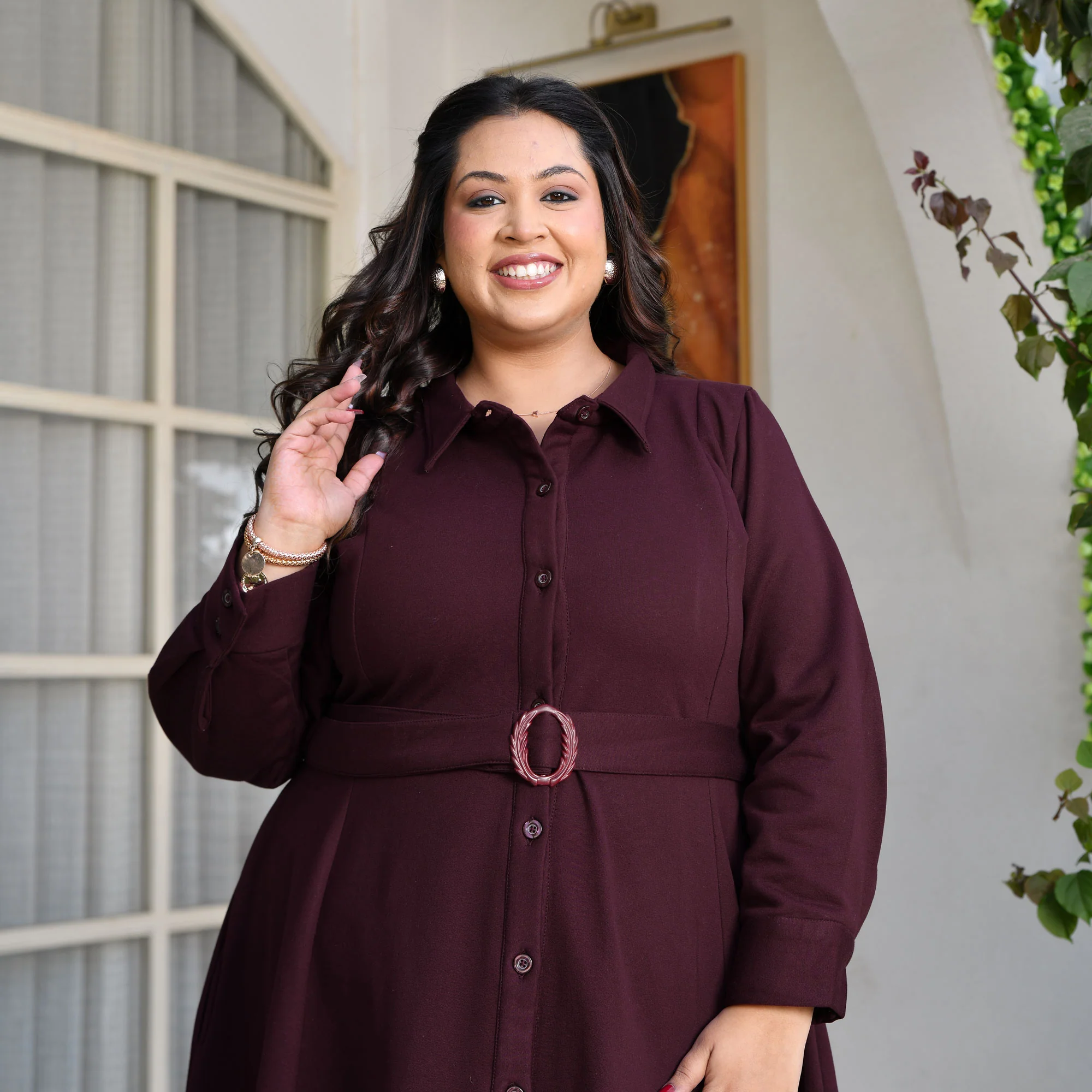Deep Wine Woollen Fleece Aline Dress - Image 12