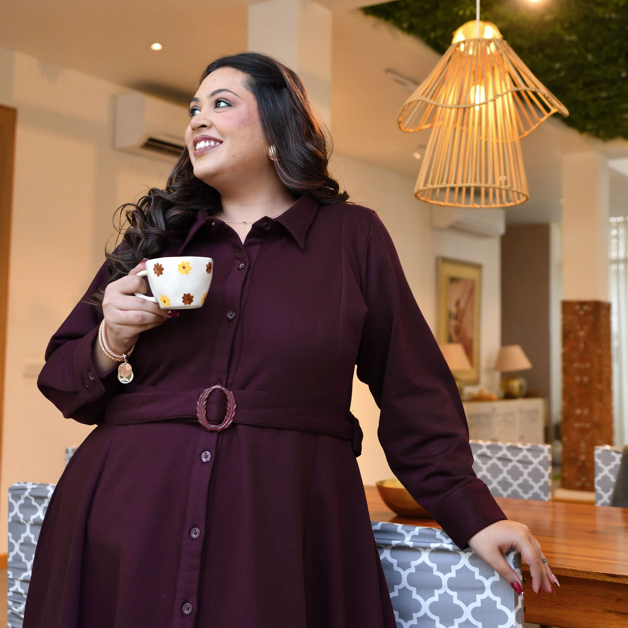 Deep Wine Woollen Fleece Aline Dress - Image 4