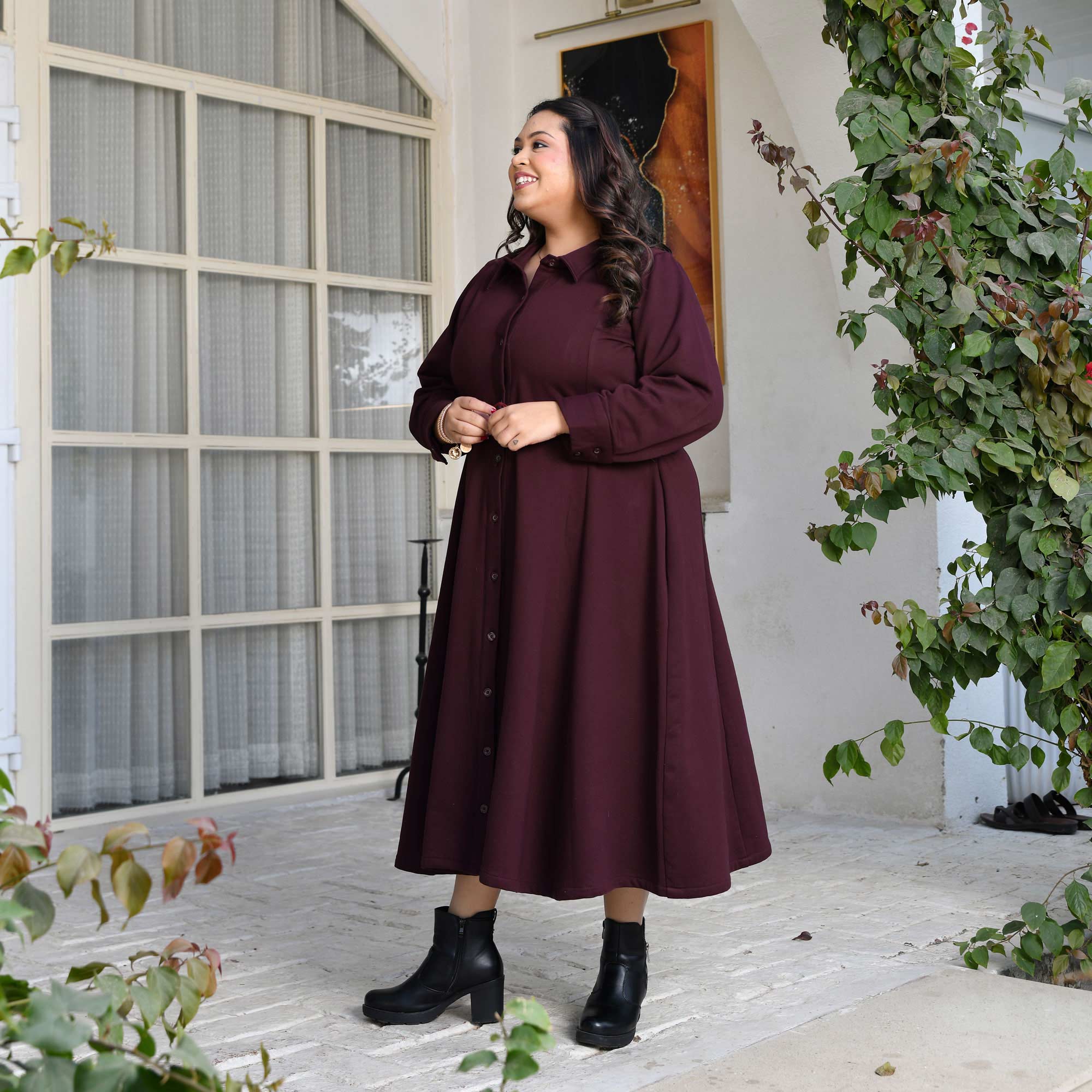 Deep Wine Woollen Fleece Aline Dress - Image 7