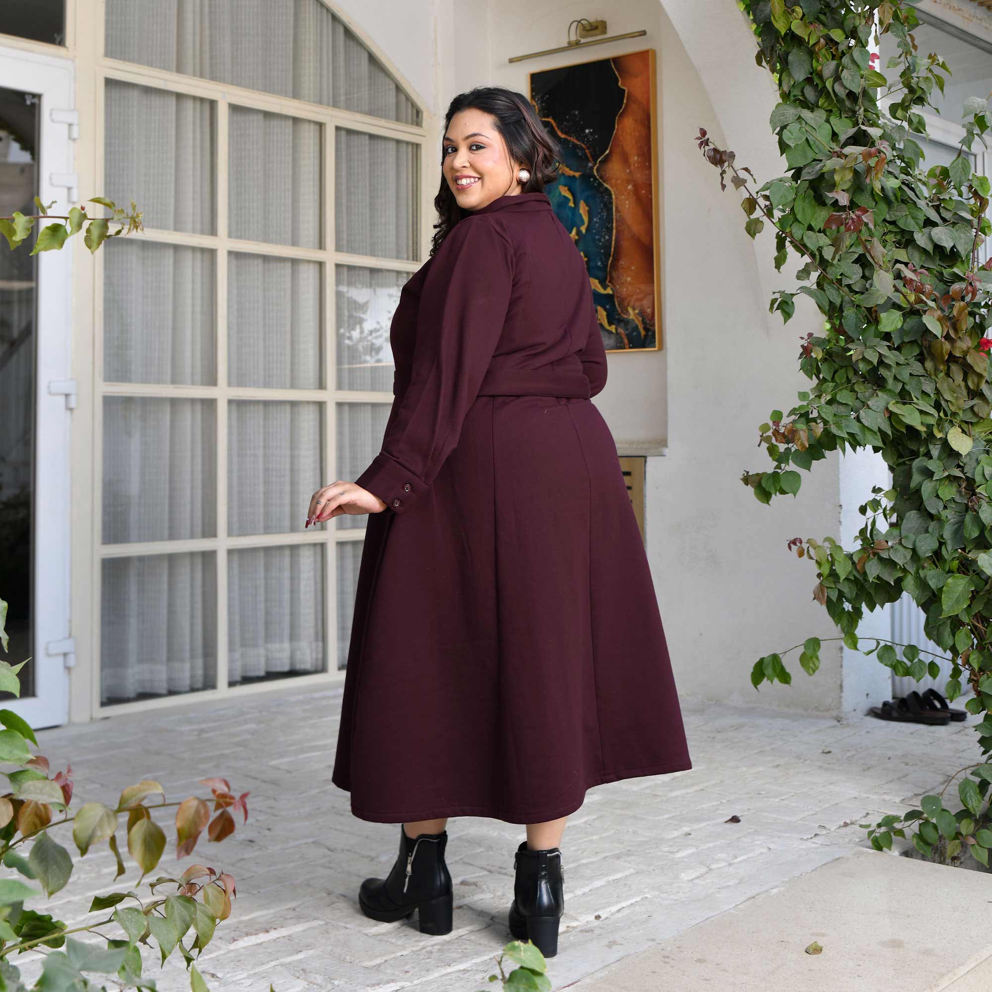 Deep Wine Woollen Fleece Aline Dress - Image 9