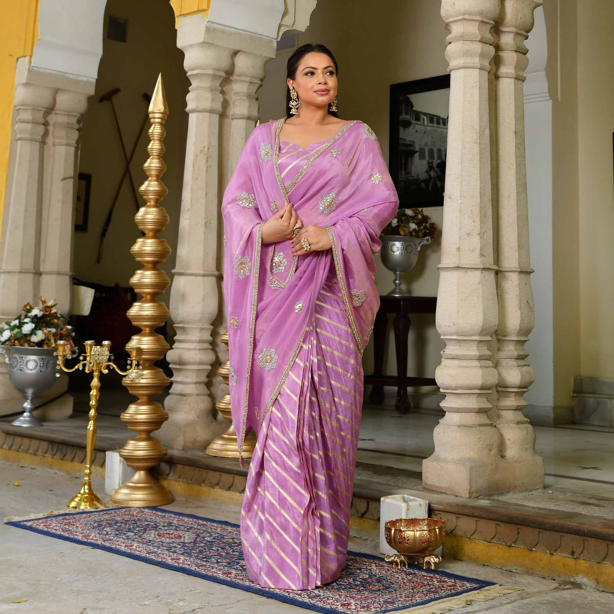 Dewy Orchid Purple Pure Tissue Silk Embroidered Drape Saree - Image 3