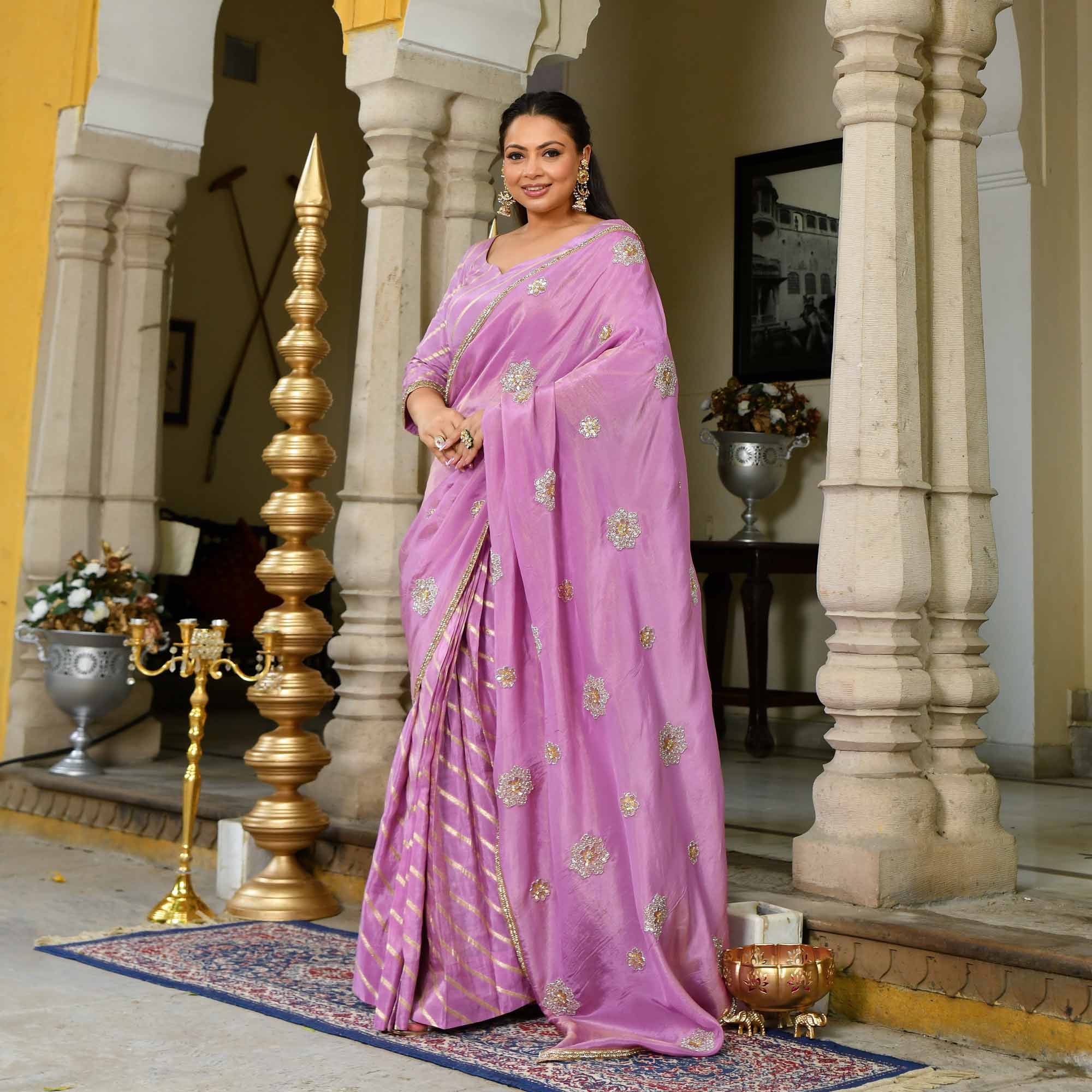 Dewy Orchid Purple Pure Tissue Silk Embroidered Drape Saree - Image 9