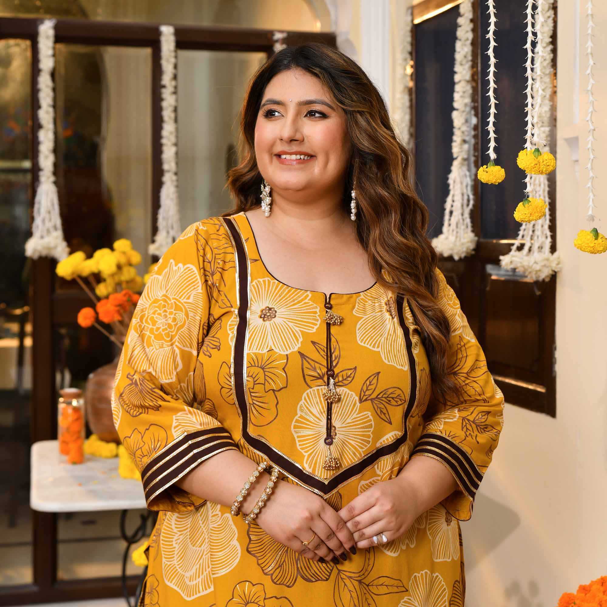 Dhoop- Yellow & Gold Floral Print Rayon Kurta - Image 6