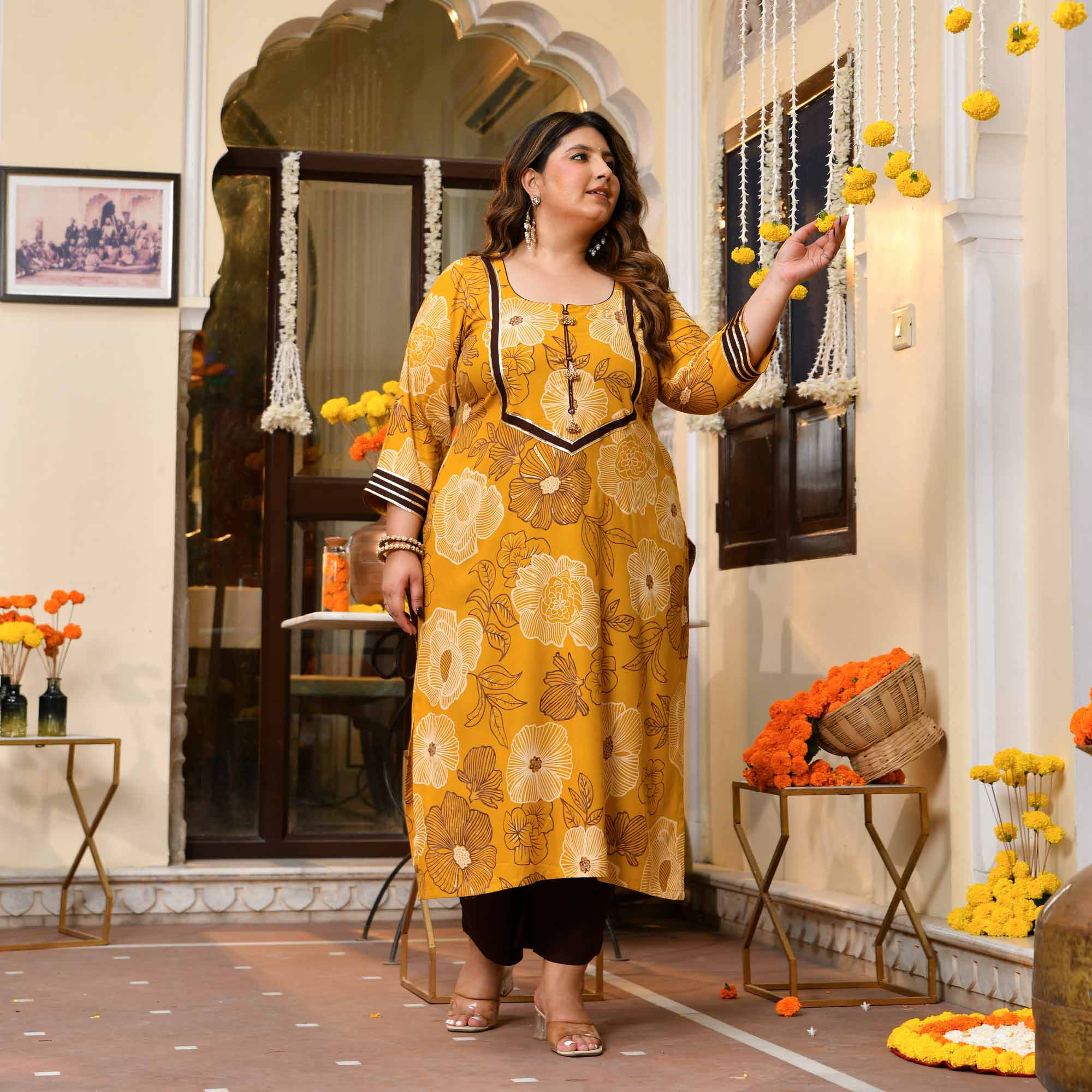 Dhoop- Yellow & Gold Floral Print Rayon Kurta - Image 7