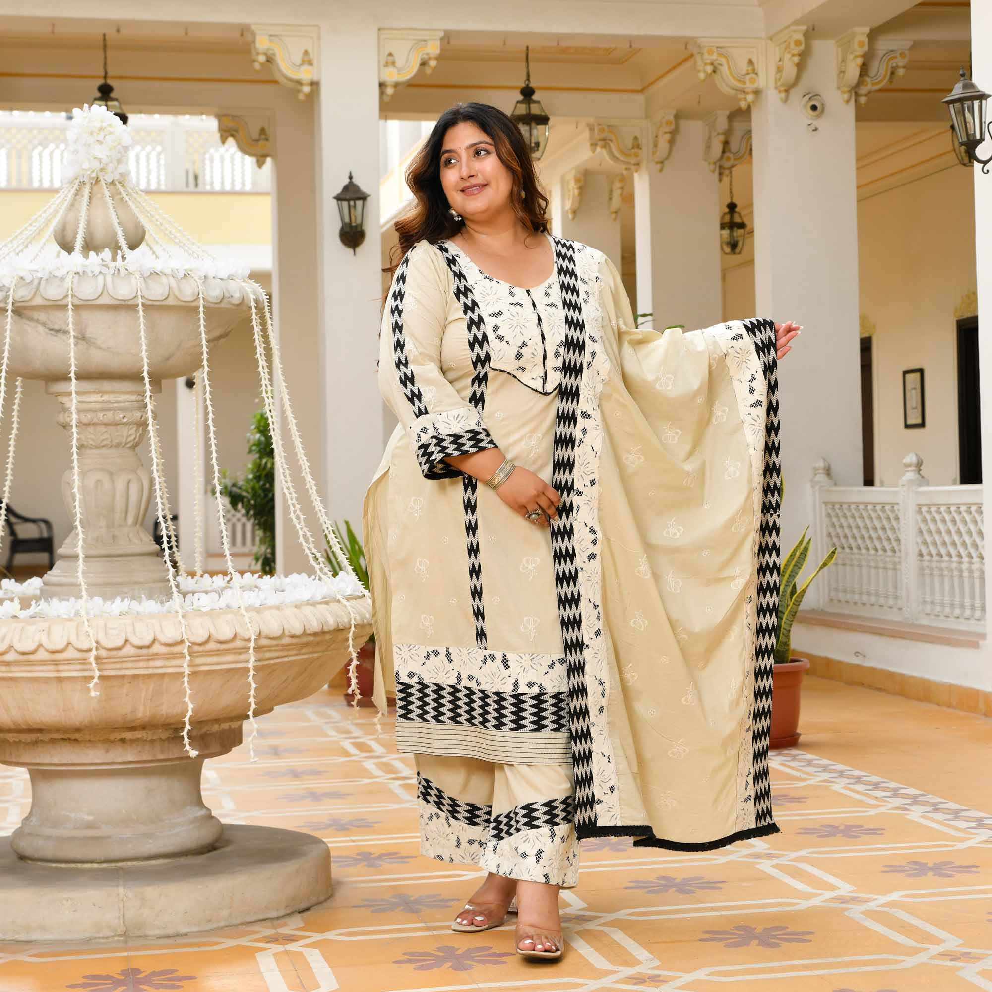 Dhumil- Off-White Pure Cotton Thread Embroidered Suit Set