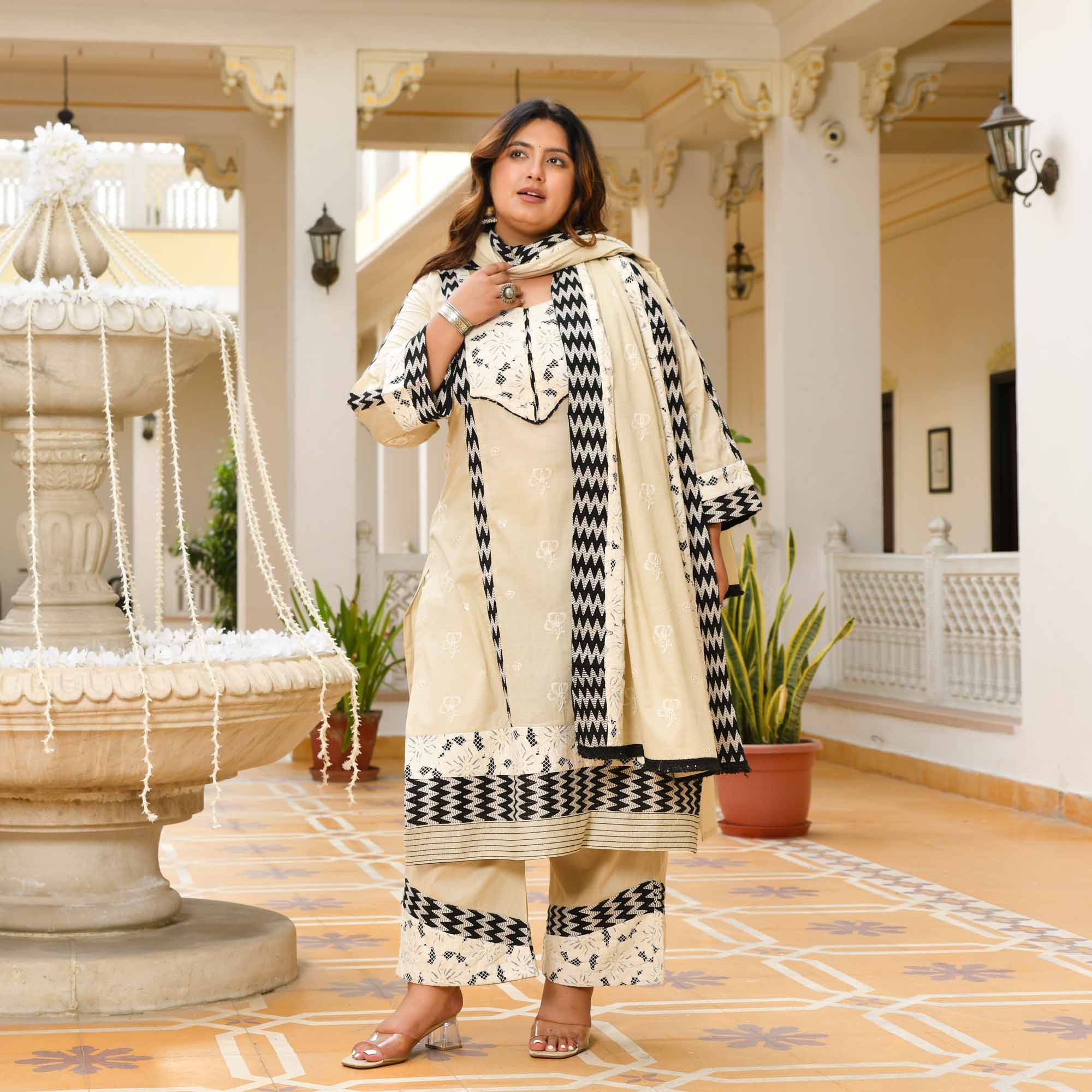 Dhumil- Off-White Pure Cotton Thread Embroidered Suit Set - Image 6