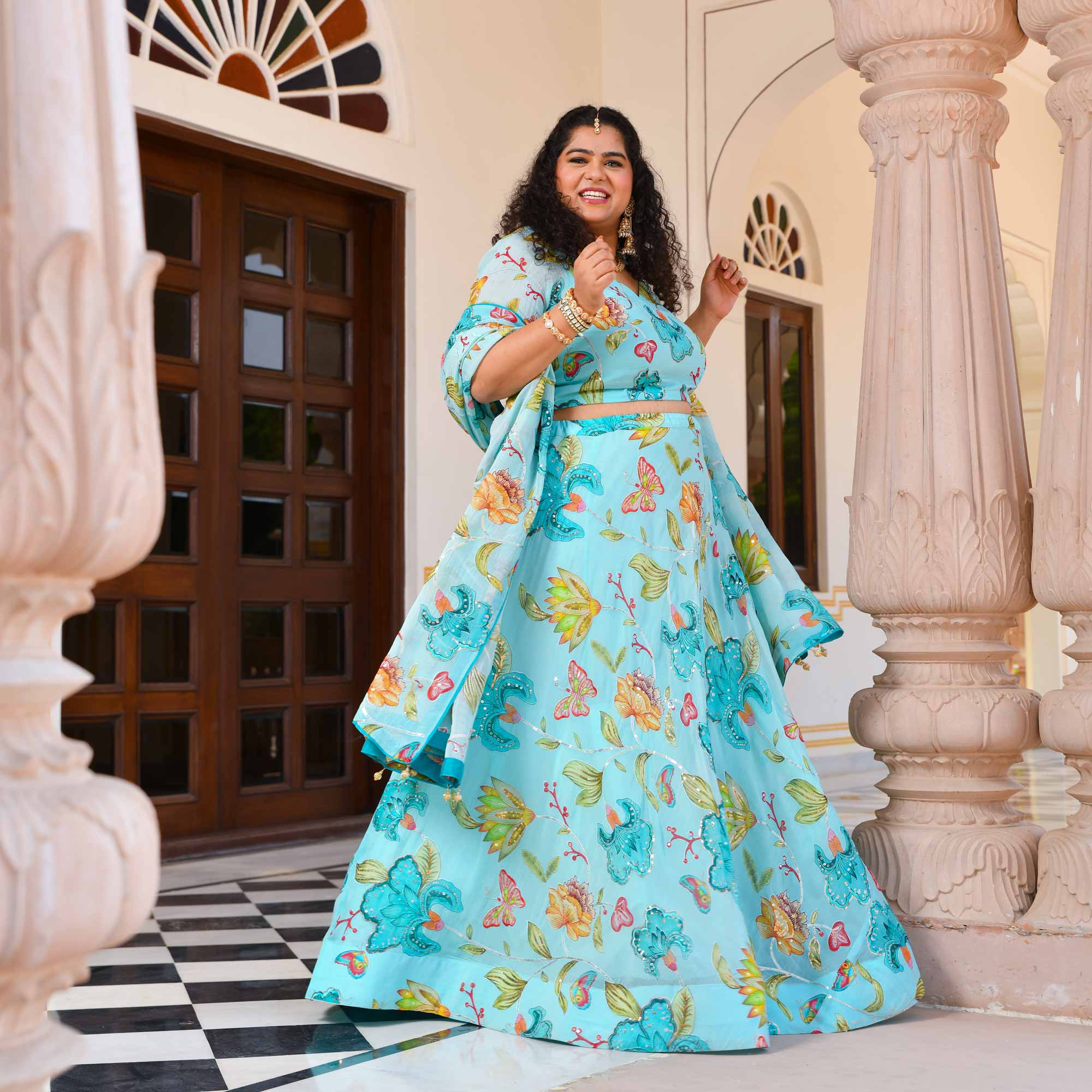 Dreamy Sky Floral Sequin Embroidered Pure Organza Lehenga Set - Image 12