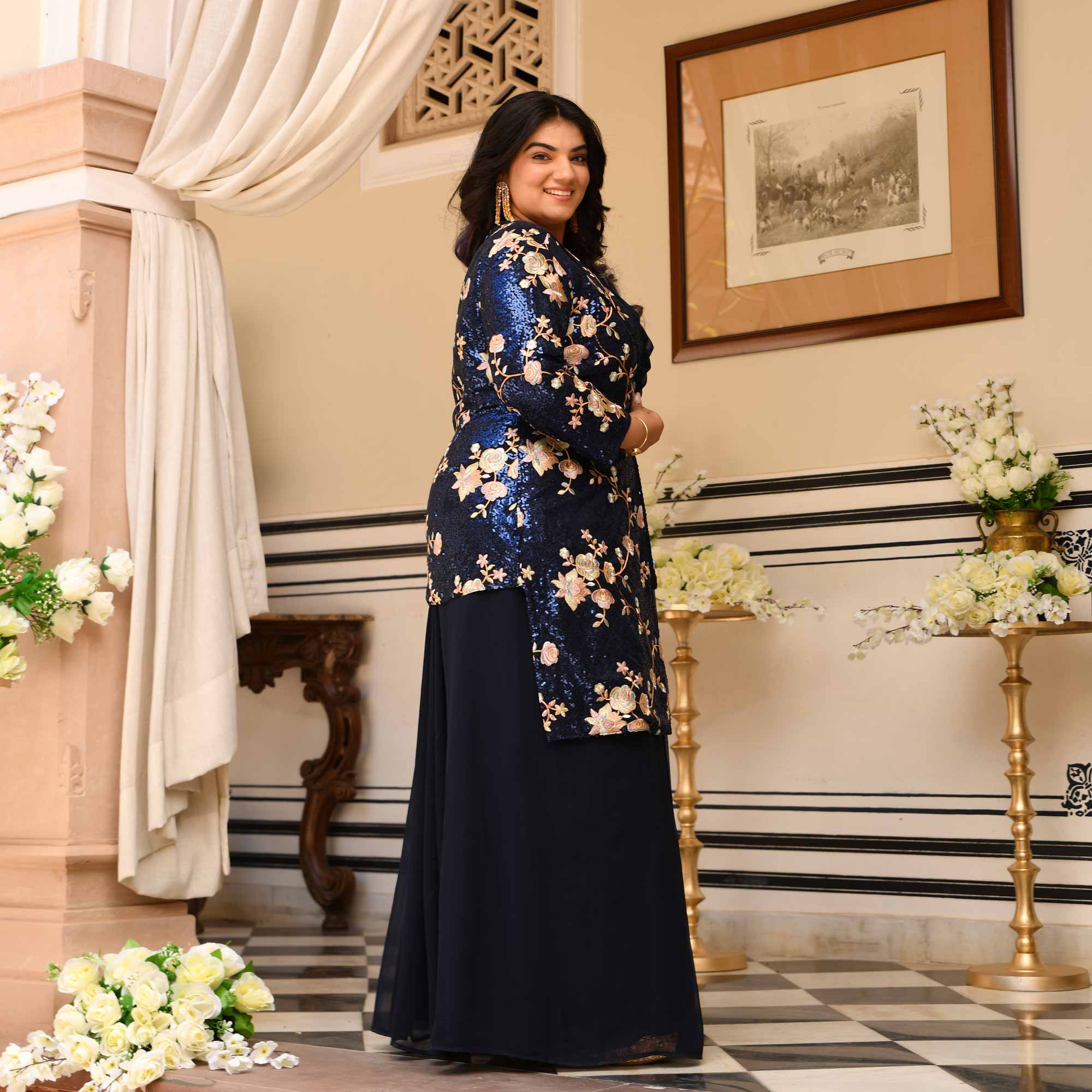 Emilie - Navy Blue Georgette Drape Saree Dress with Sequin Embroidered Blazer - Image 10