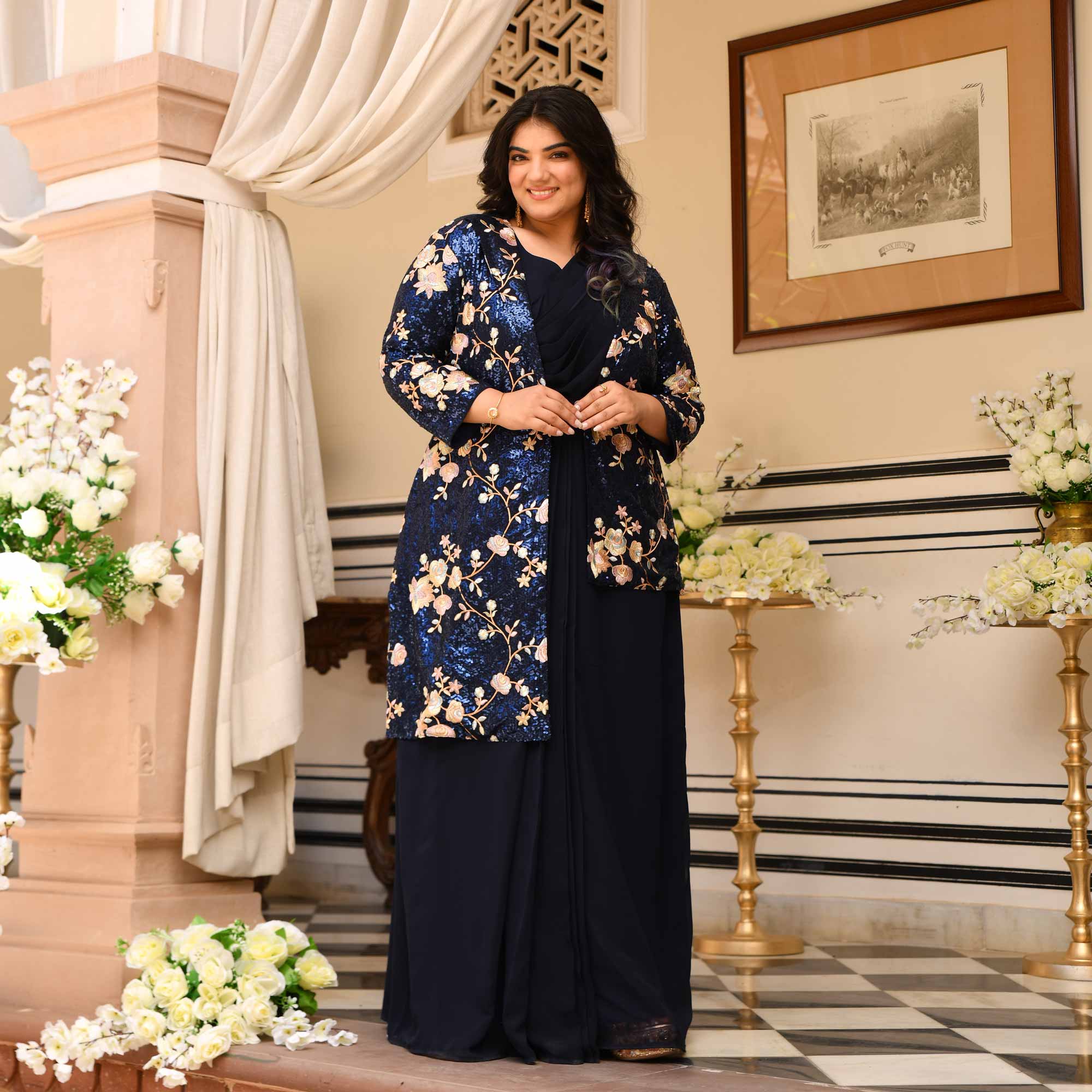 Emilie - Navy Blue Georgette Drape Saree Dress with Sequin Embroidered Blazer - Image 11