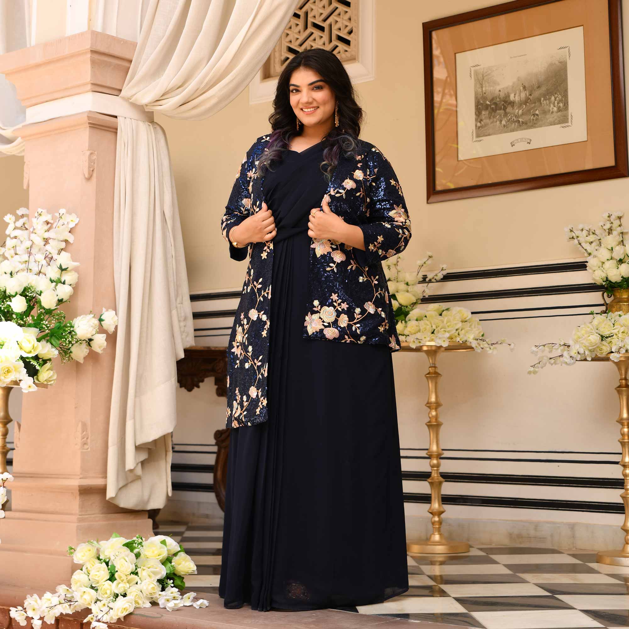 Emilie - Navy Blue Georgette Drape Saree Dress with Sequin Embroidered Blazer - Image 3