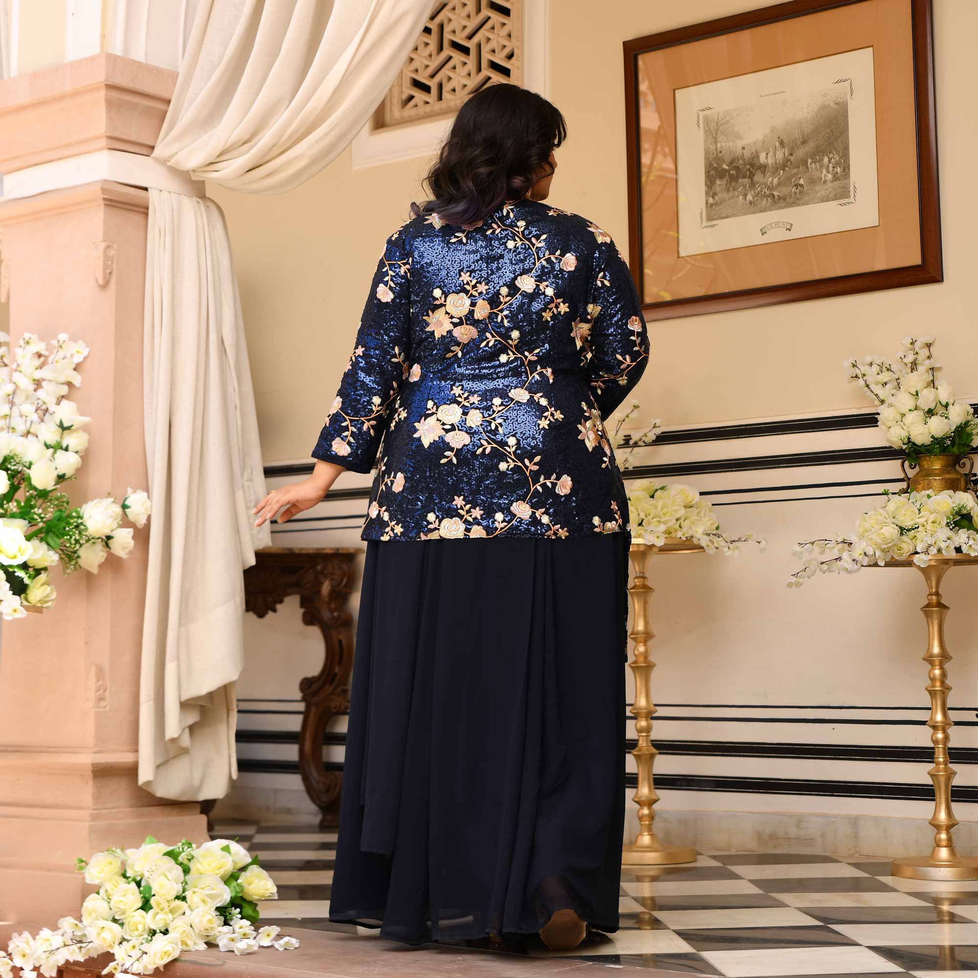 Emilie - Navy Blue Georgette Drape Saree Dress with Sequin Embroidered Blazer - Image 4