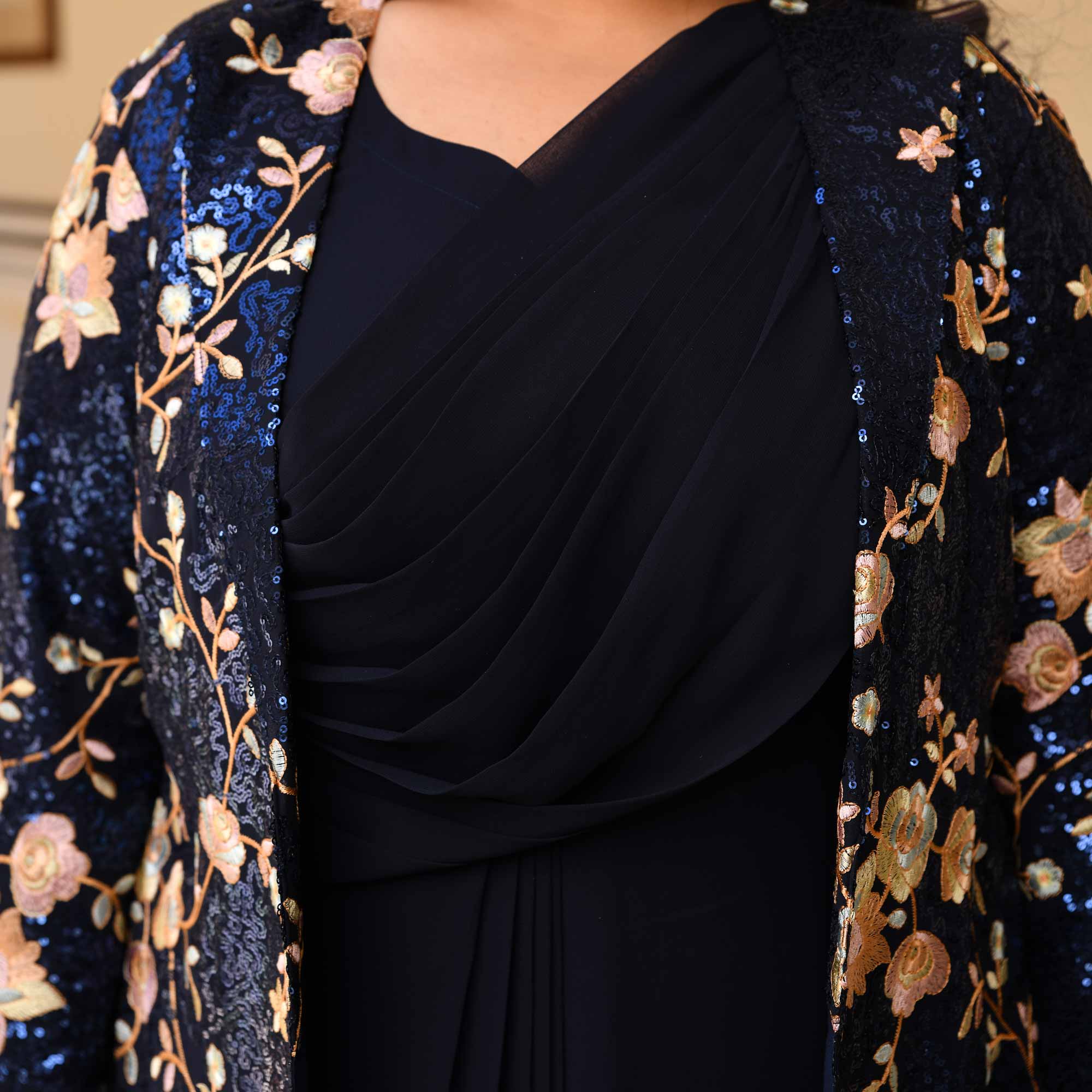 Emilie - Navy Blue Georgette Drape Saree Dress with Sequin Embroidered Blazer - Image 5