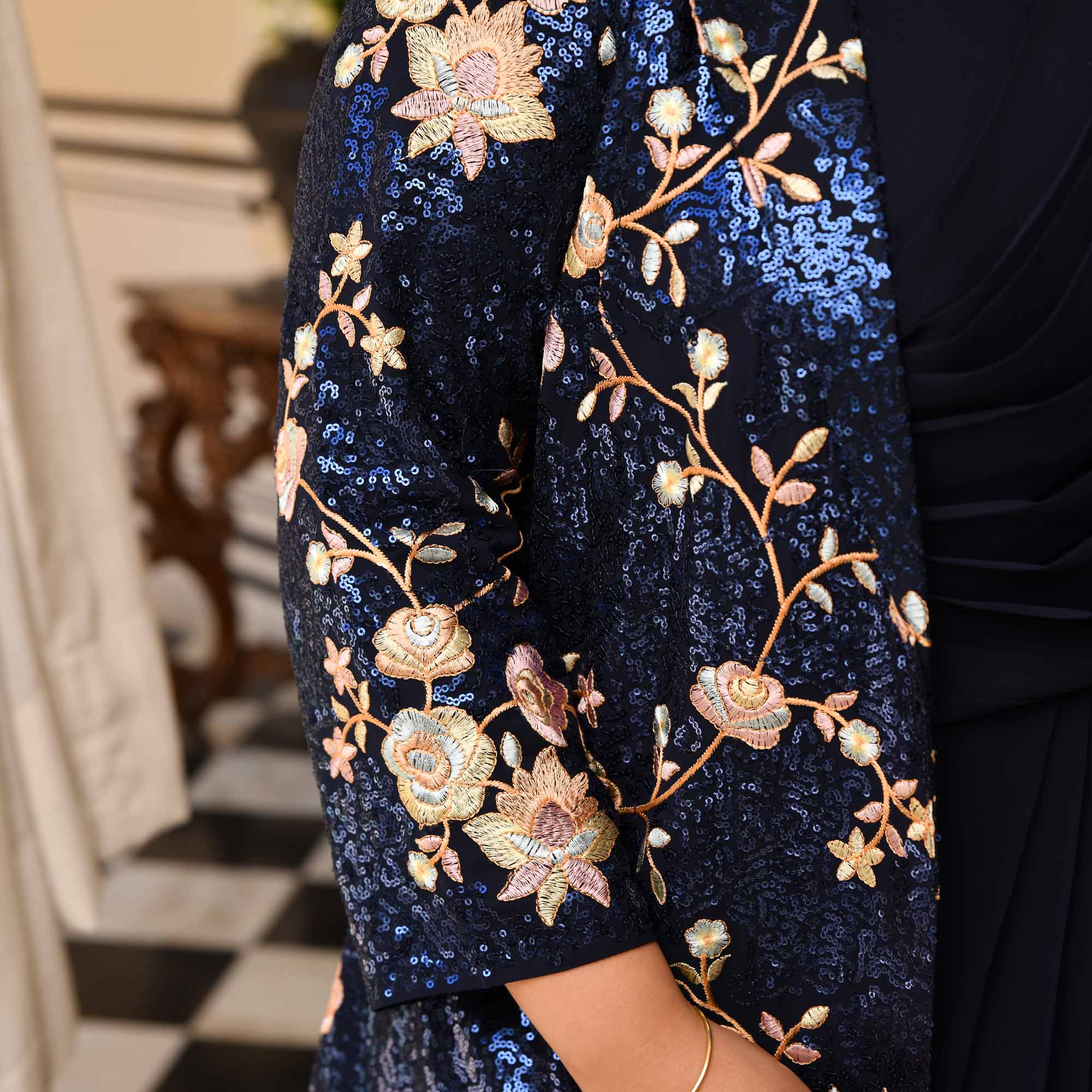 Emilie - Navy Blue Georgette Drape Saree Dress with Sequin Embroidered Blazer - Image 6