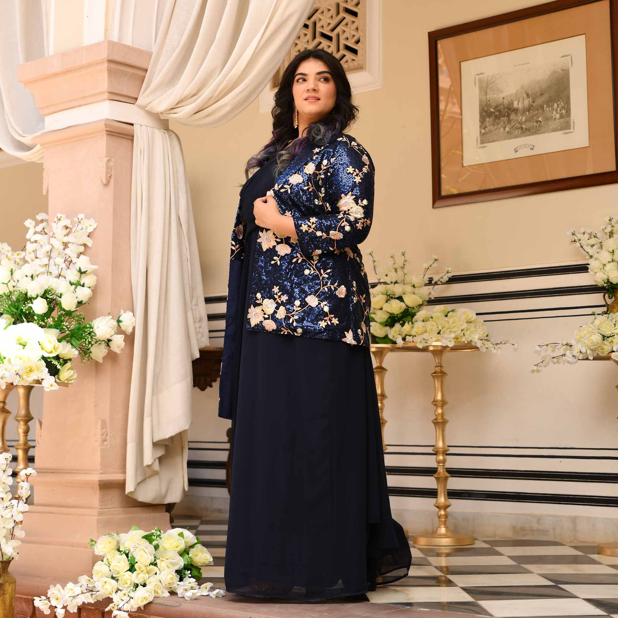 Emilie - Navy Blue Georgette Drape Saree Dress with Sequin Embroidered Blazer - Image 7