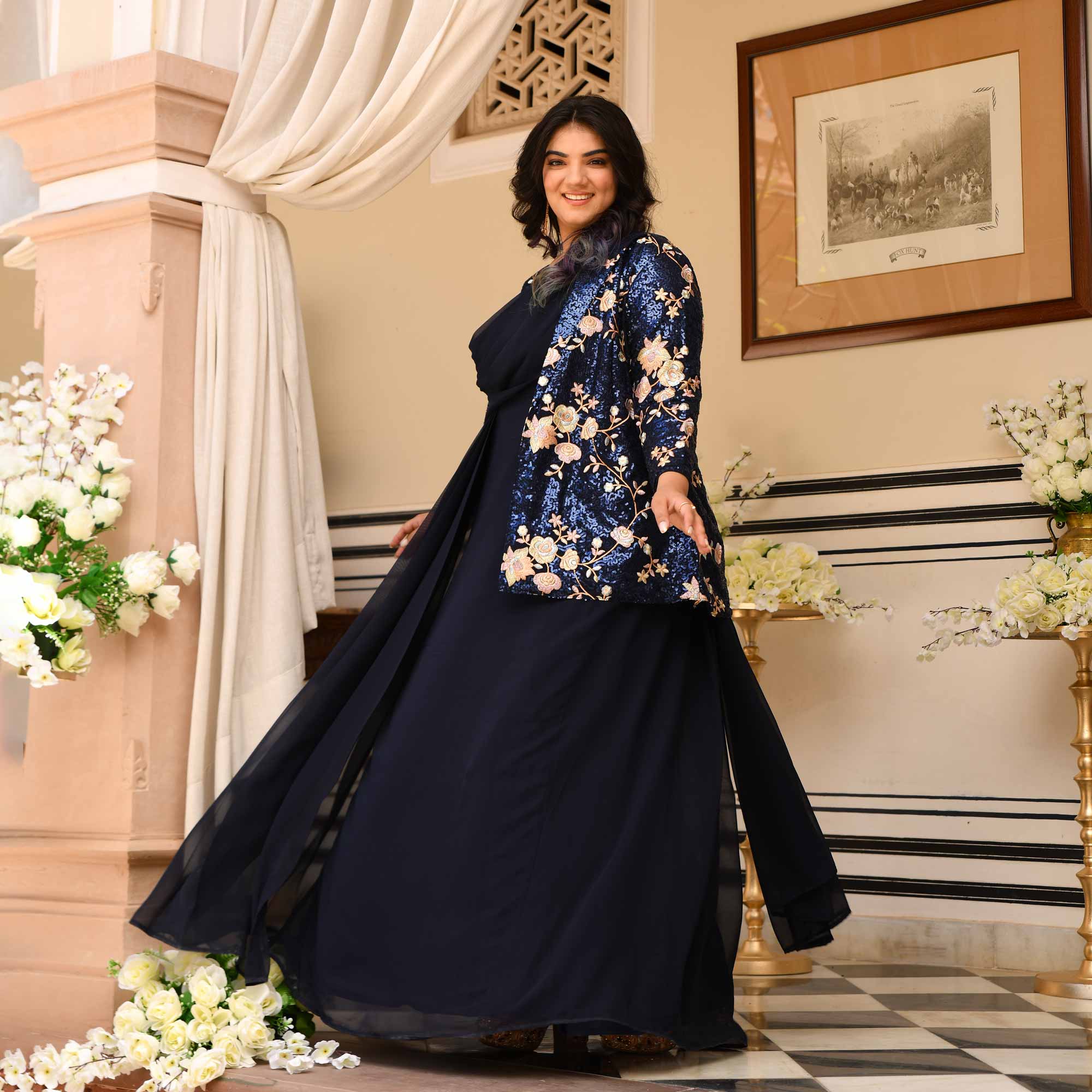 Emilie - Navy Blue Georgette Drape Saree Dress with Sequin Embroidered Blazer - Image 8