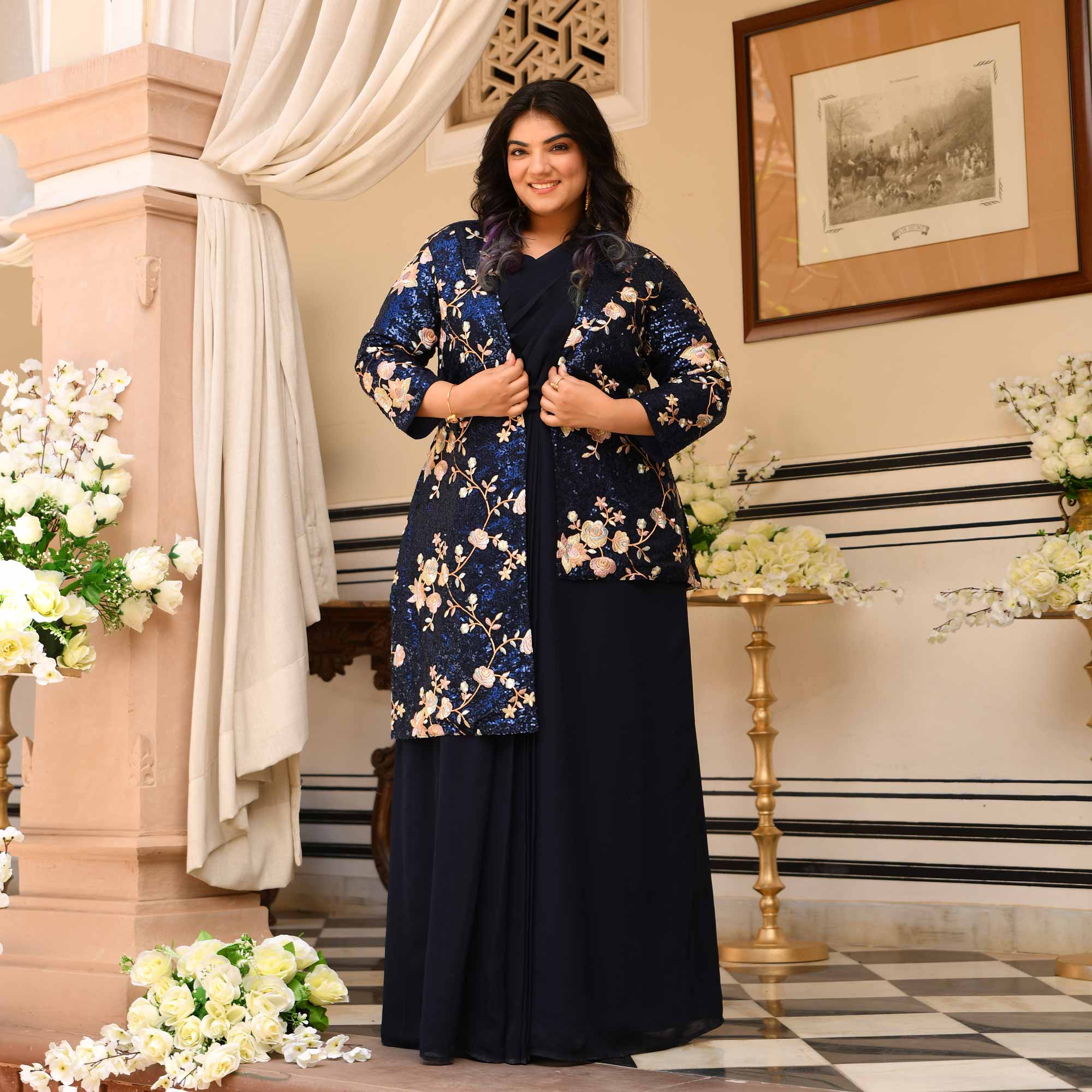 Emilie - Navy Blue Georgette Drape Saree Dress with Sequin Embroidered Blazer - Image 9