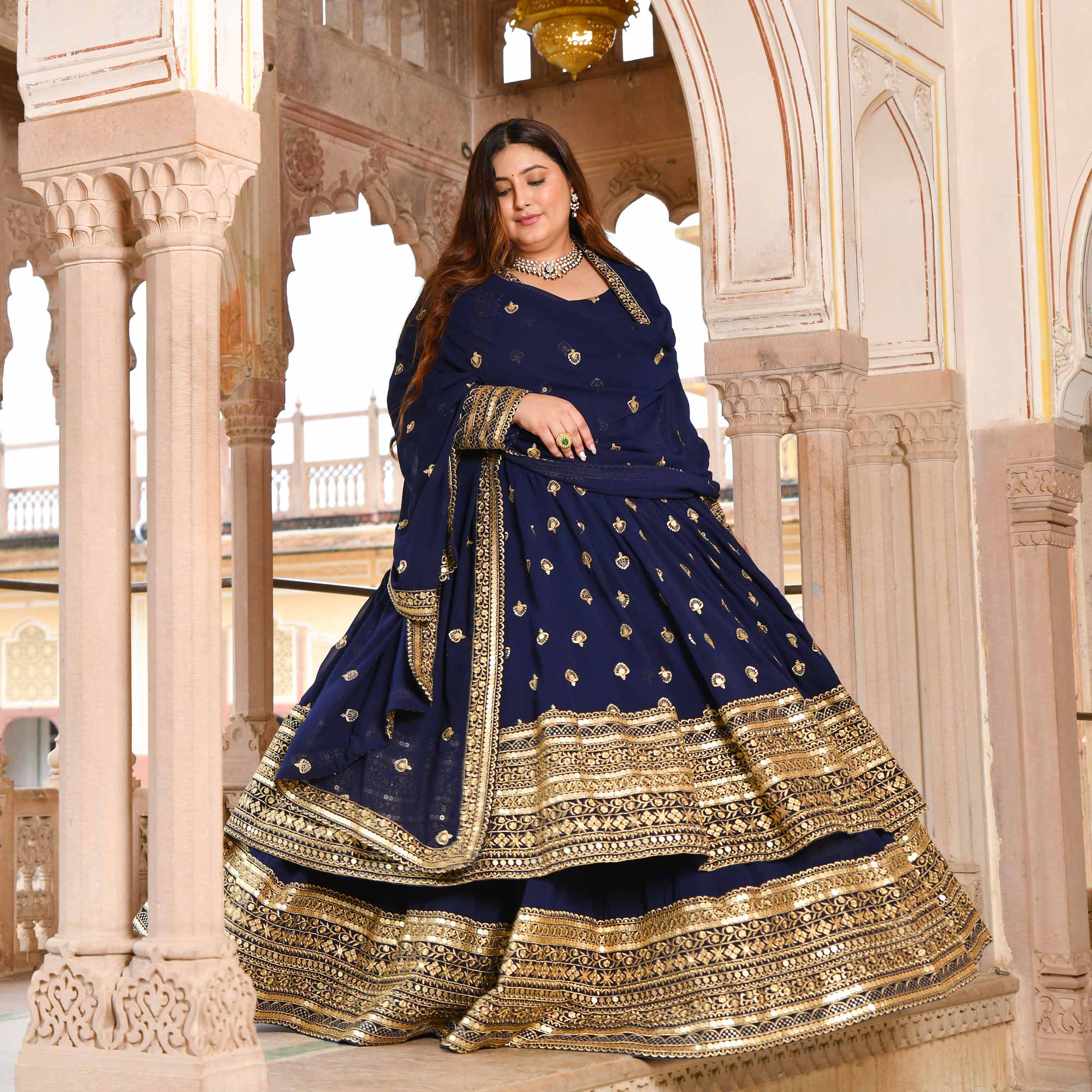 Enchanted Navy Sequin Embroidered Georgette Anarkali Lehenga Set - Image 6