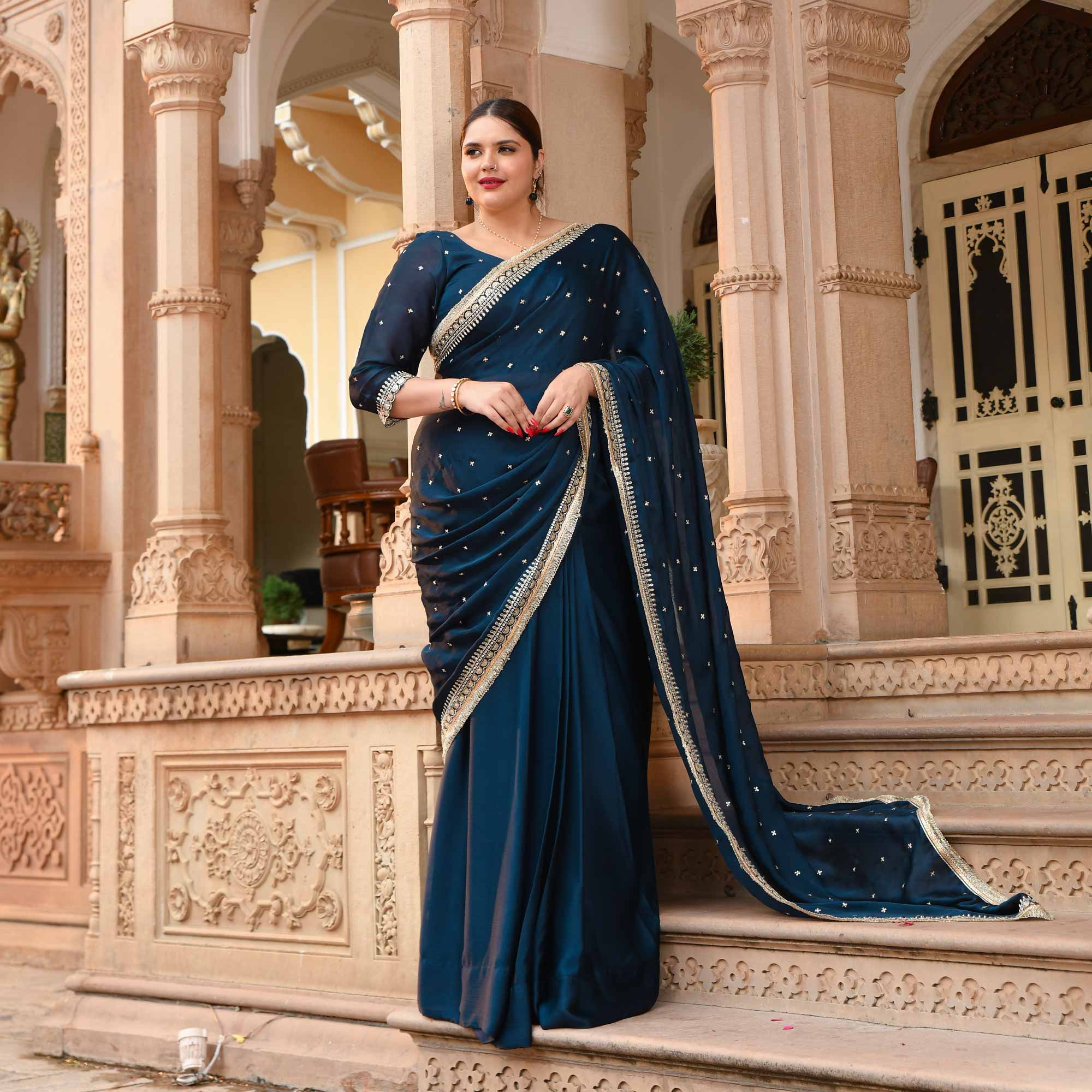 Evening Elegance Blue Sequin Embroidered Drape Saree - Image 8