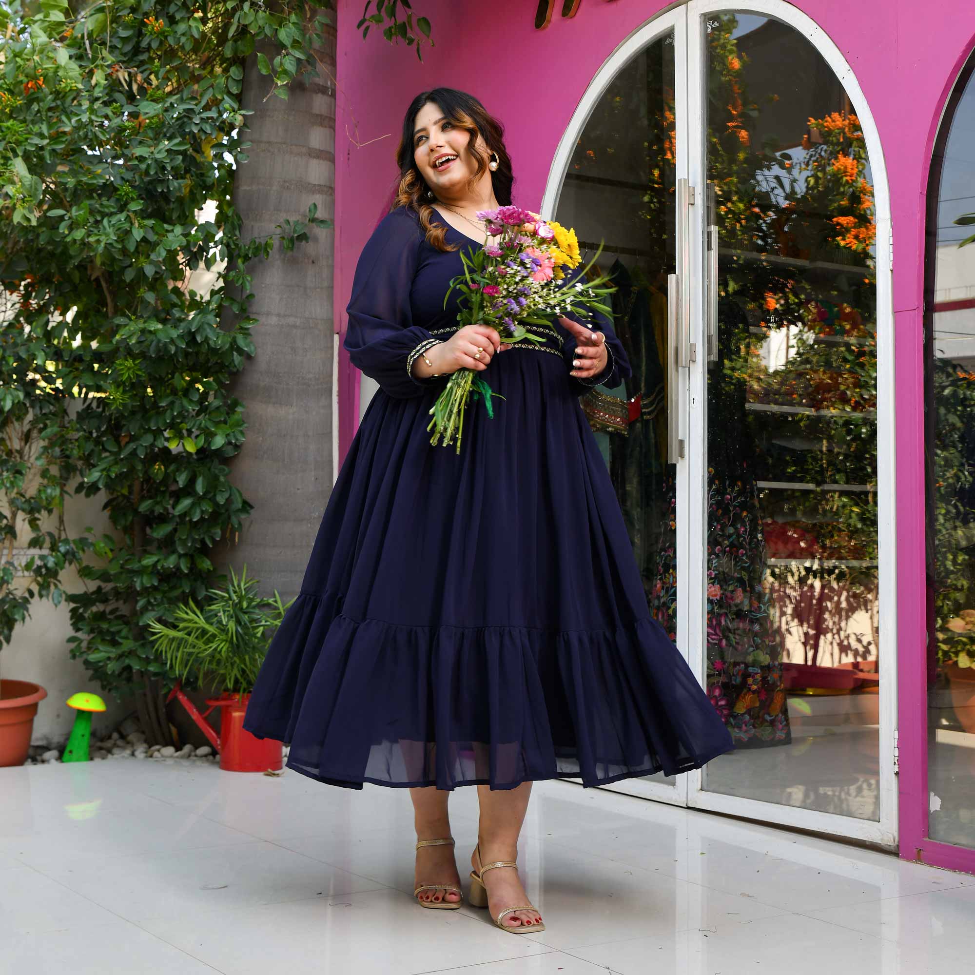 Firefly- Classic Blue Flowy Georgette Dress with Embroidered Belt - Image 6