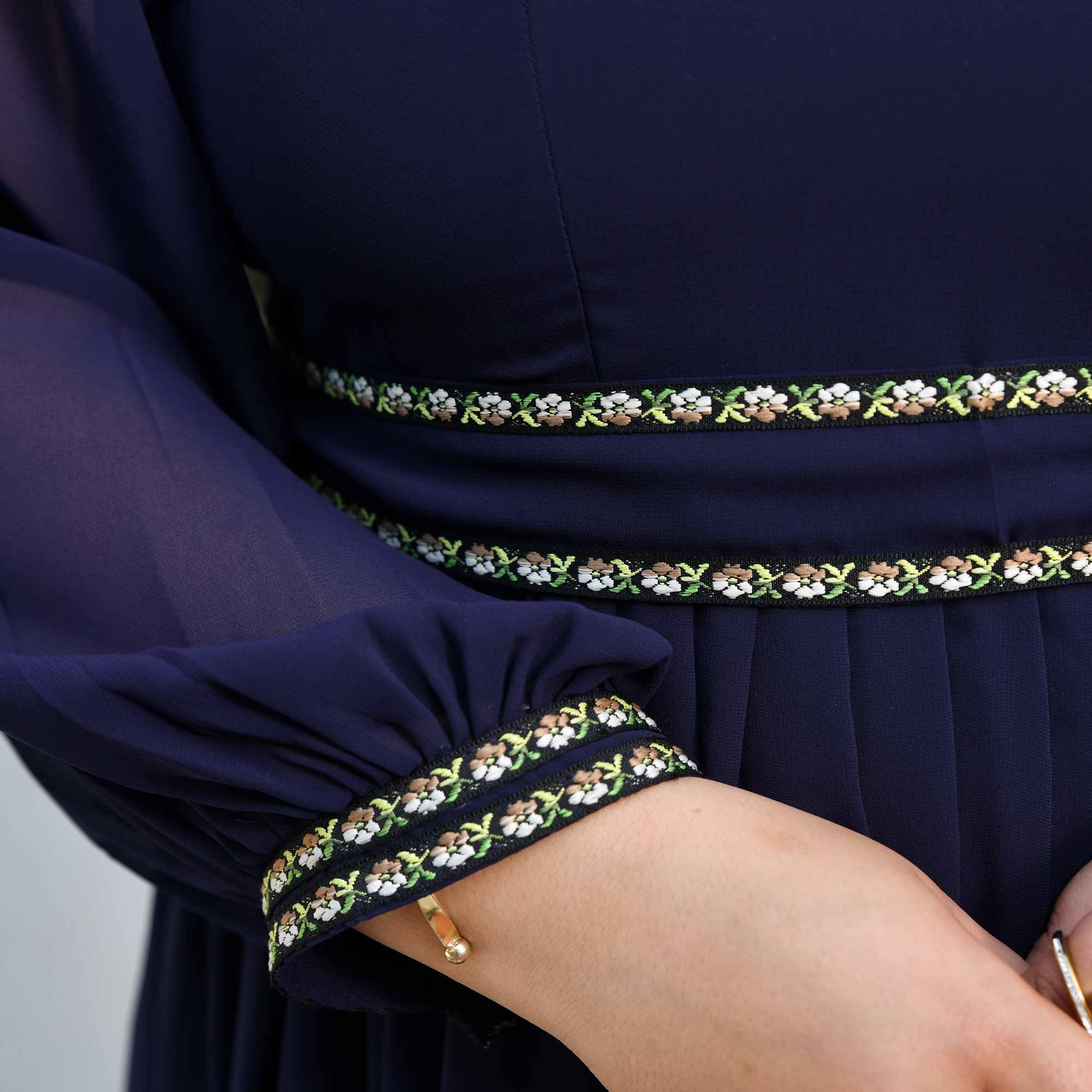 Firefly- Classic Blue Flowy Georgette Dress with Embroidered Belt - Image 9