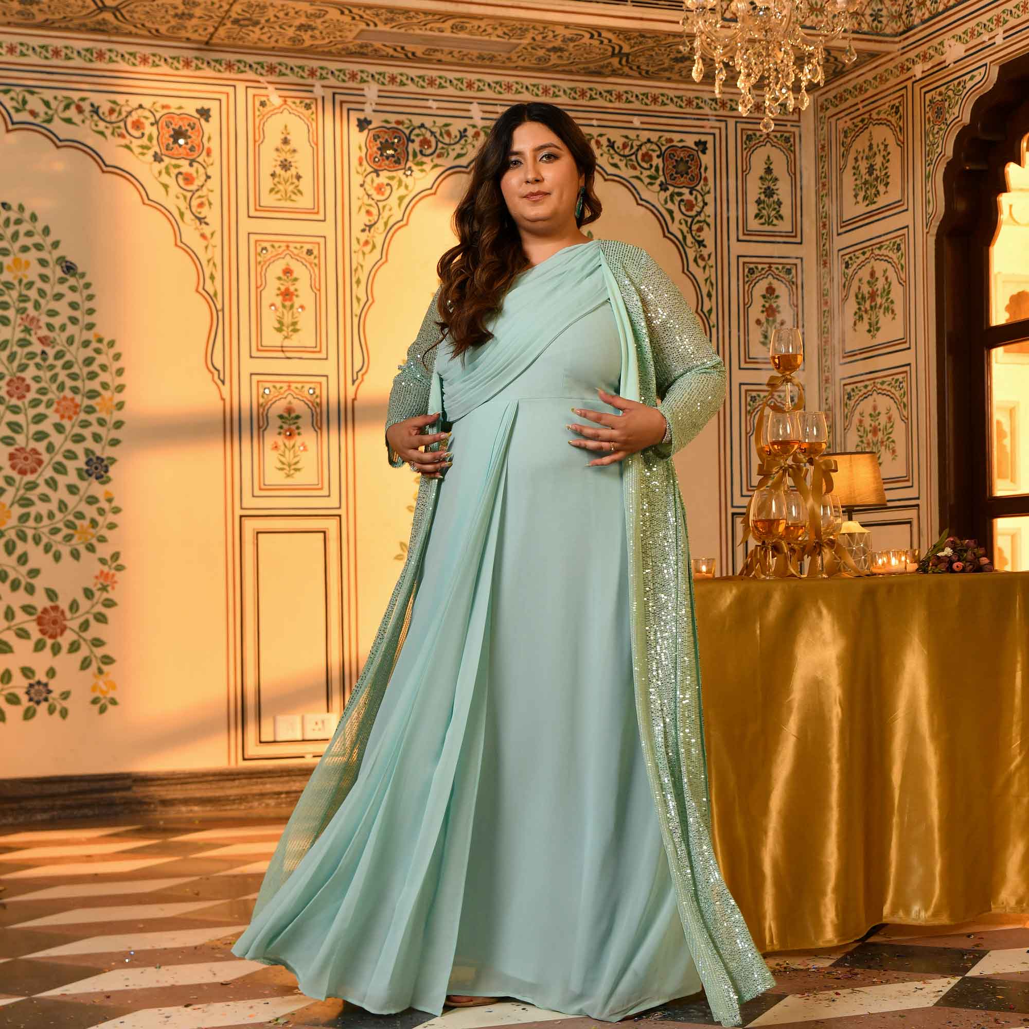 Flirtini-Mint Green Drape Saree Dress with Sequin Embellished Cape - Image 3