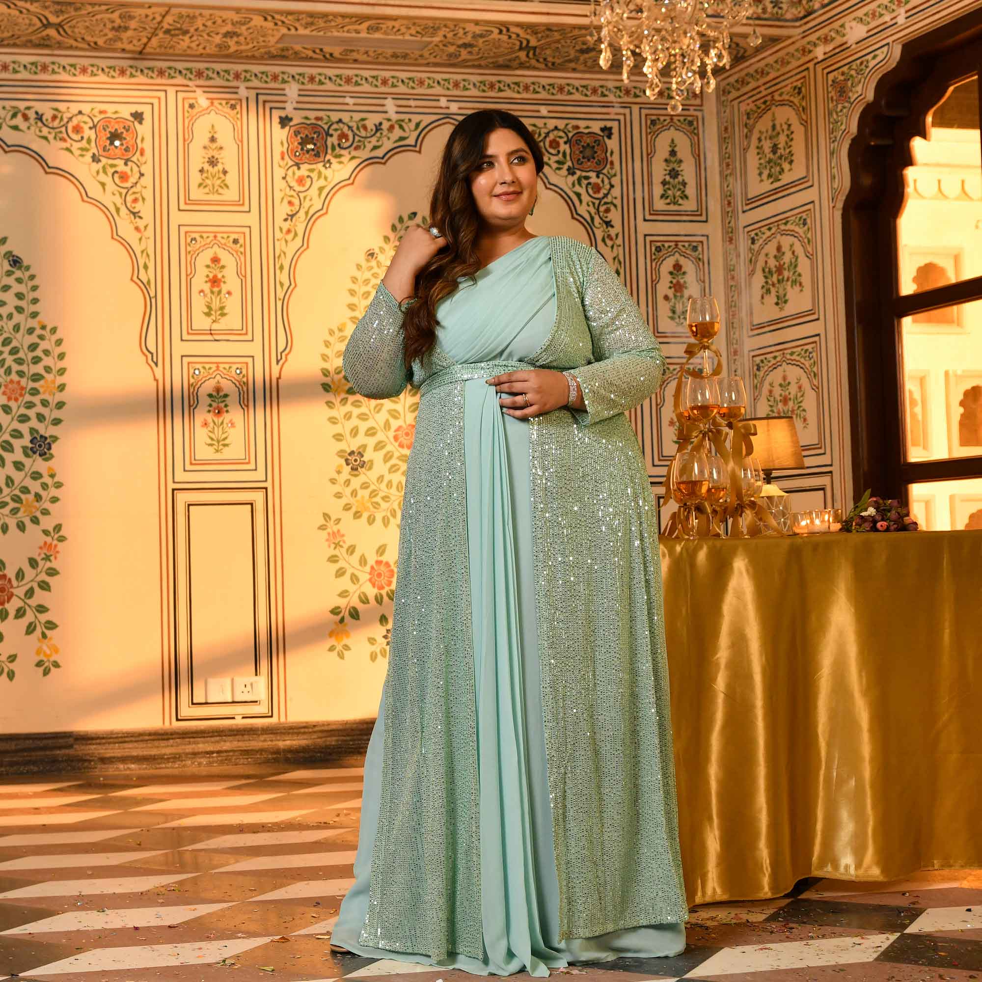 Flirtini-Mint Green Drape Saree Dress with Sequin Embellished Cape - Image 4