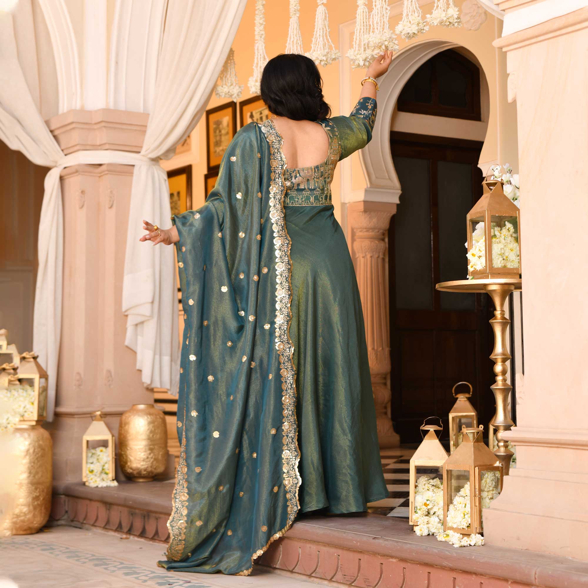 Gayatri- Teal Green Sequin & Thread Embroidered Pure Tissue Silk Anarkali Dress - Image 7