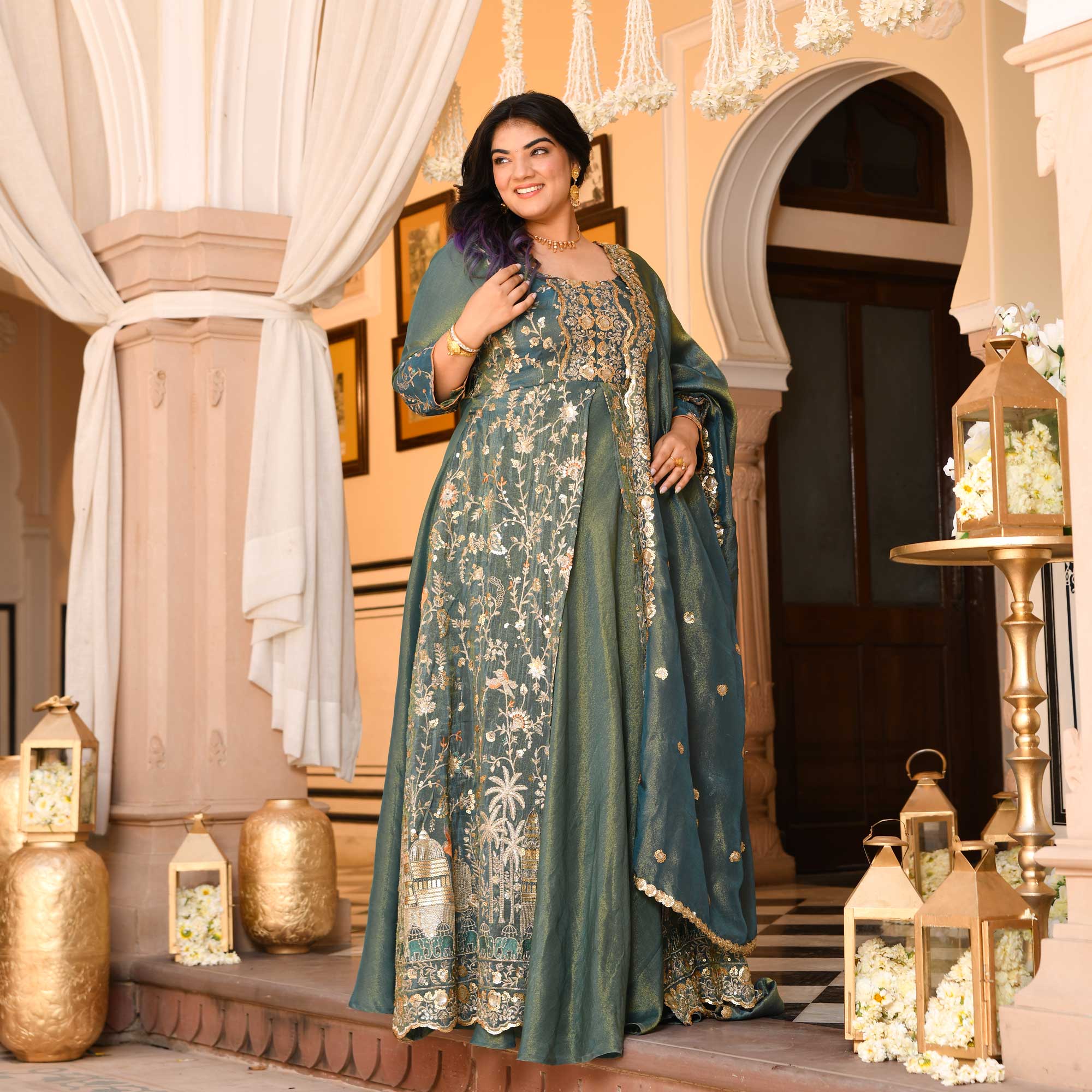 Gayatri- Teal Green Sequin & Thread Embroidered Pure Tissue Silk Anarkali Dress - Image 9