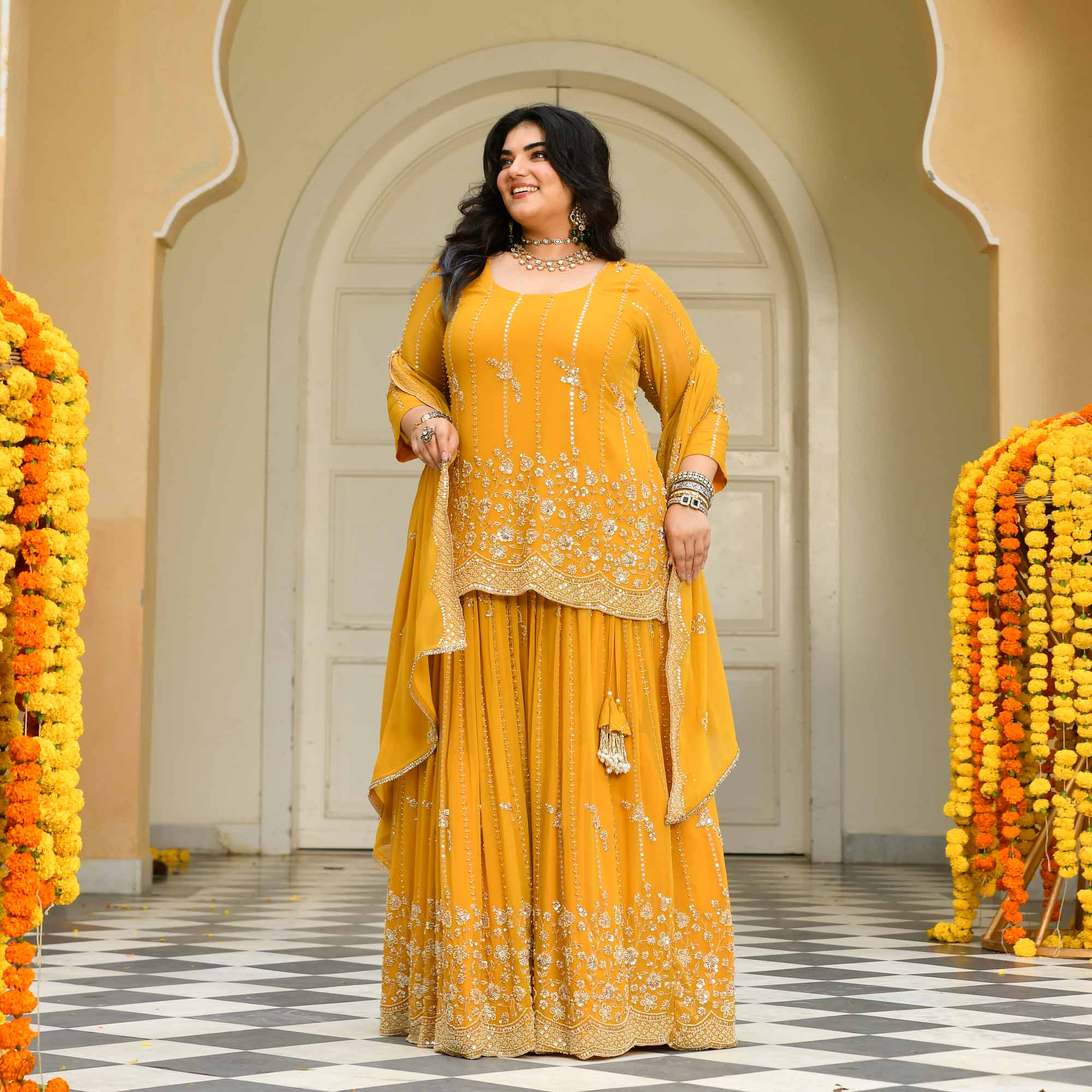 Genda Phool - Yellow Pure Georgette Cutdana Embroidery Lehenga Set - Image 10