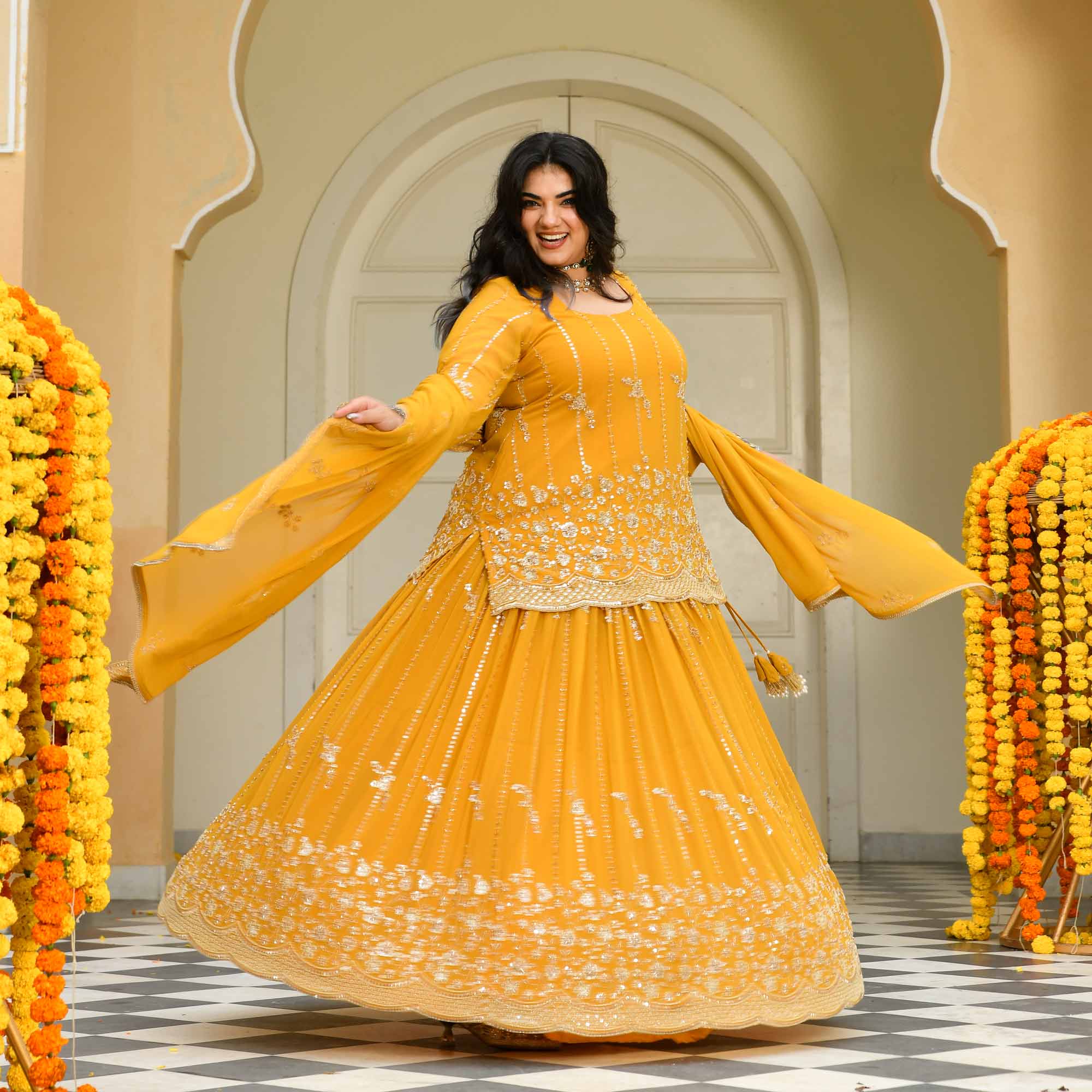 Genda Phool - Yellow Pure Georgette Cutdana Embroidery Lehenga Set - Image 11