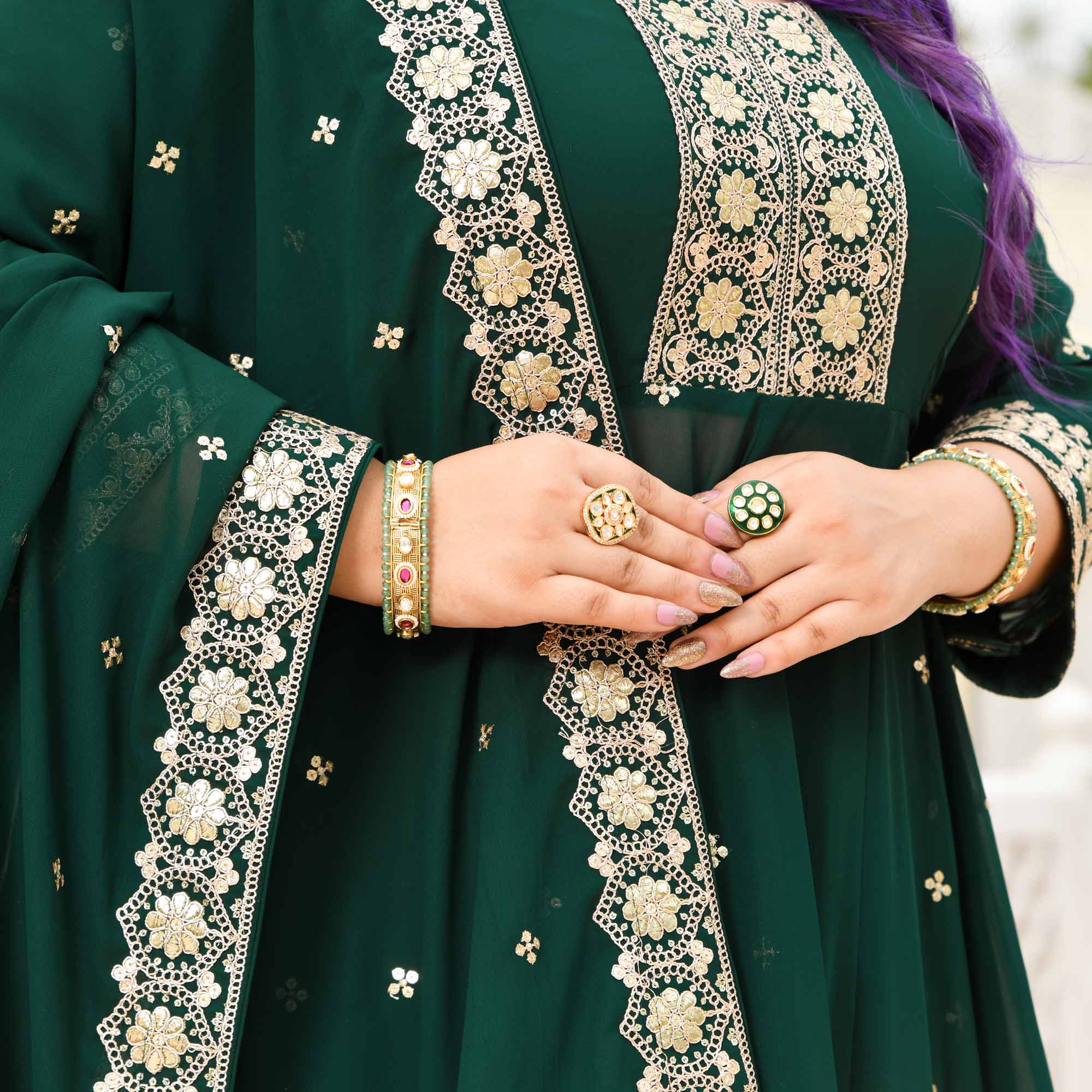 Ghevar- Peacock Green Georgette Embroidered Anarkali Lehenga Set - Image 4
