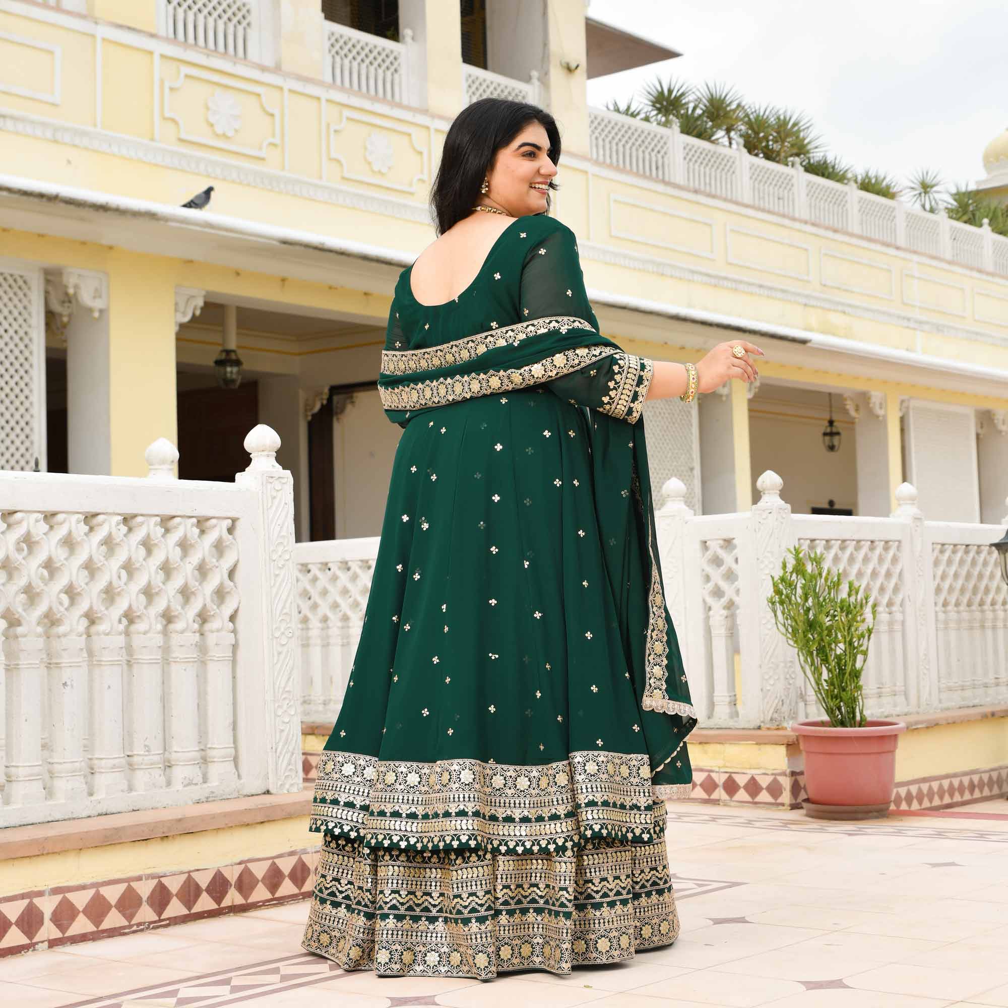 Ghevar- Peacock Green Georgette Embroidered Anarkali Lehenga Set - Image 6