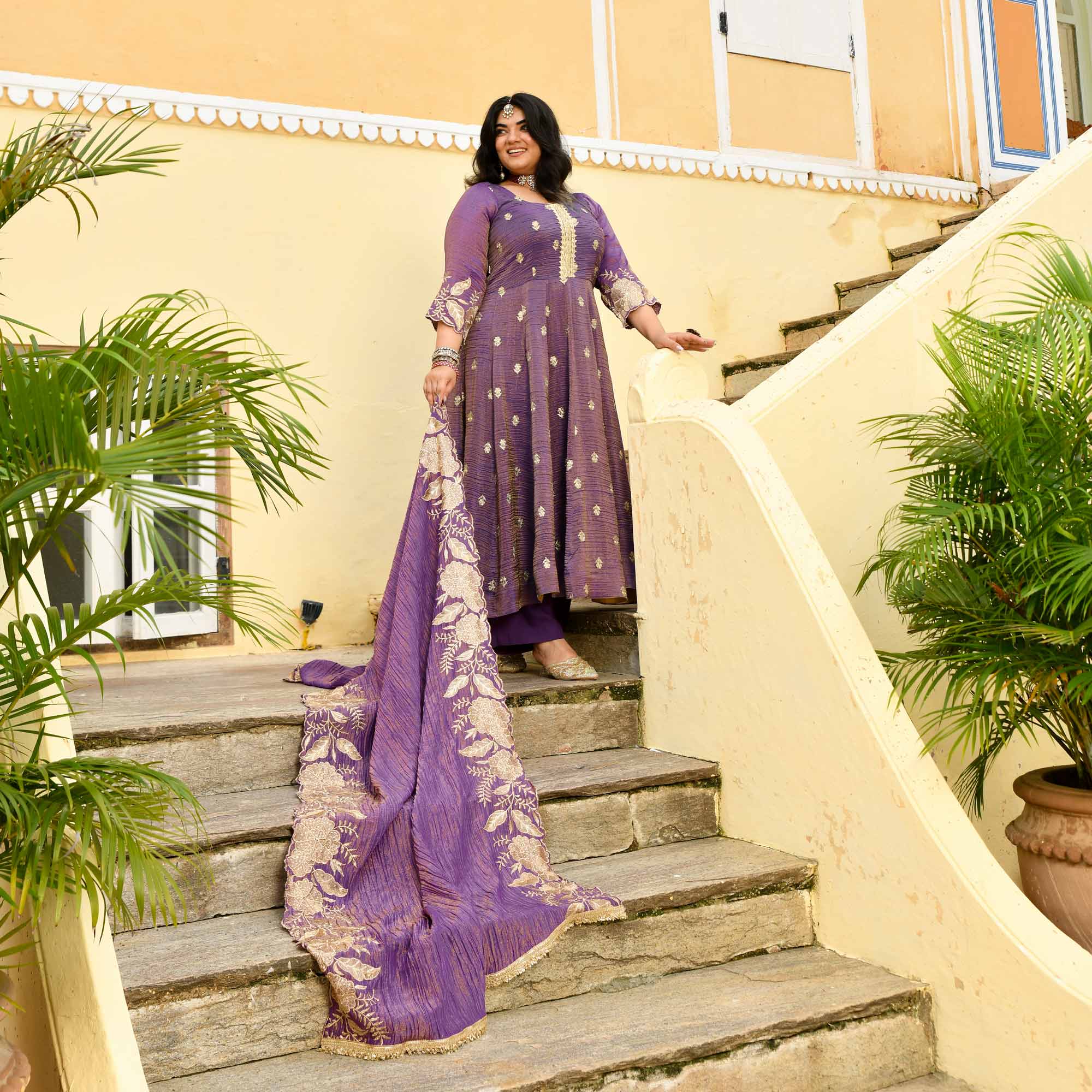 Ghungroo- Purple Pure Tissue Crush Zari embroidered Anarkali Set - Image 4