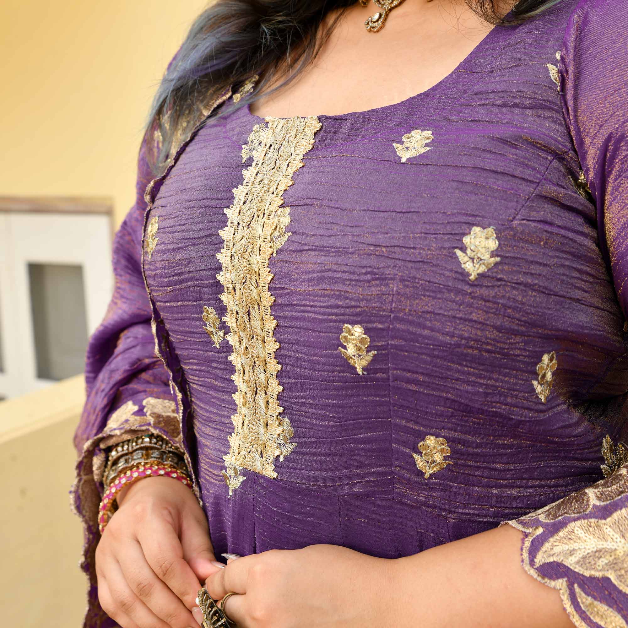Ghungroo- Purple Pure Tissue Crush Zari embroidered Anarkali Set - Image 7