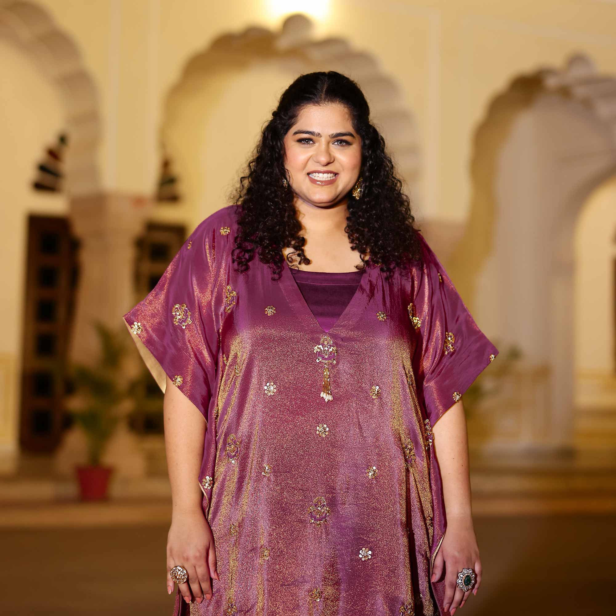 Gold & Plum Pure Tissue Silk Cutdana Kaftan Set - Image 11
