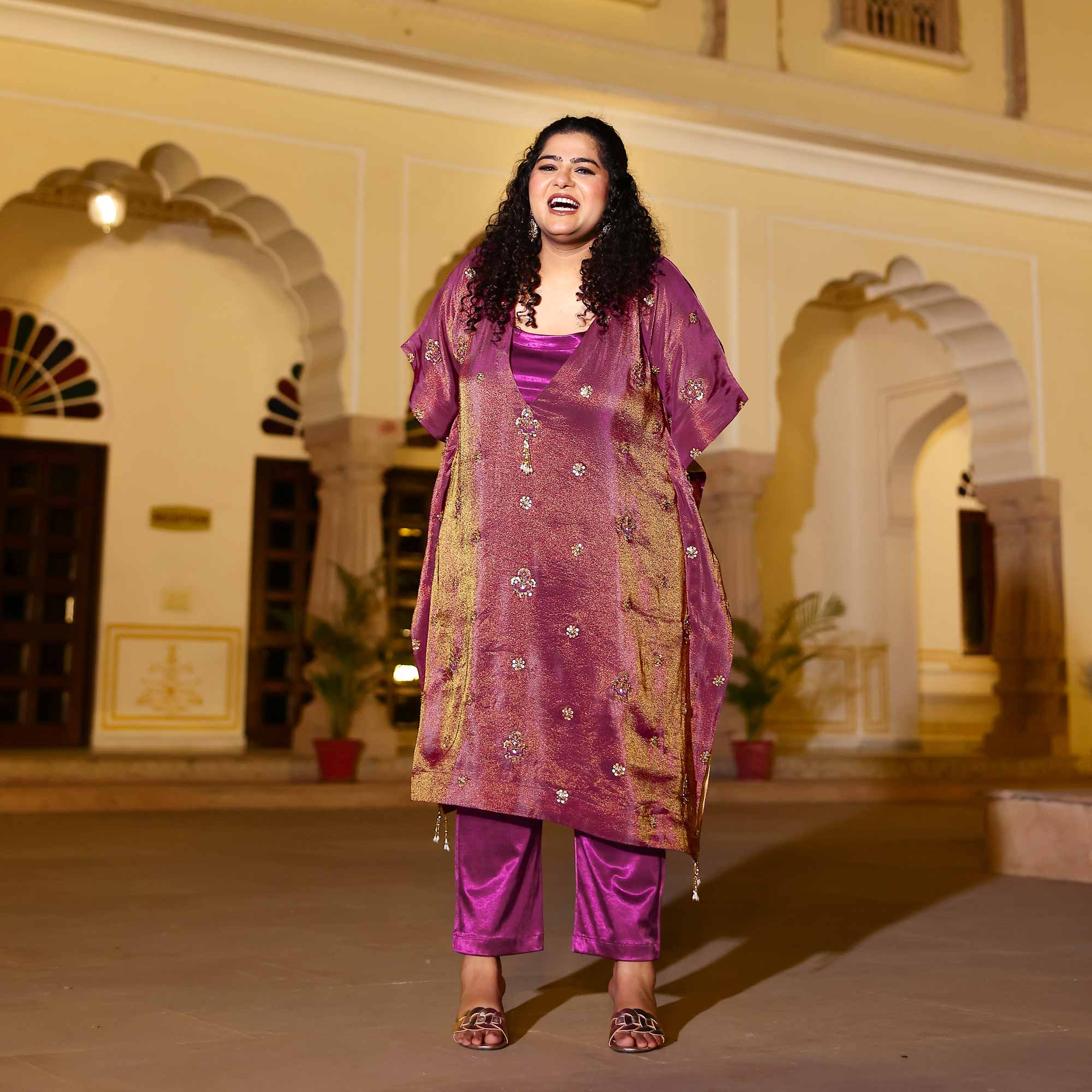 Gold & Plum Pure Tissue Silk Cutdana Kaftan Set - Image 3