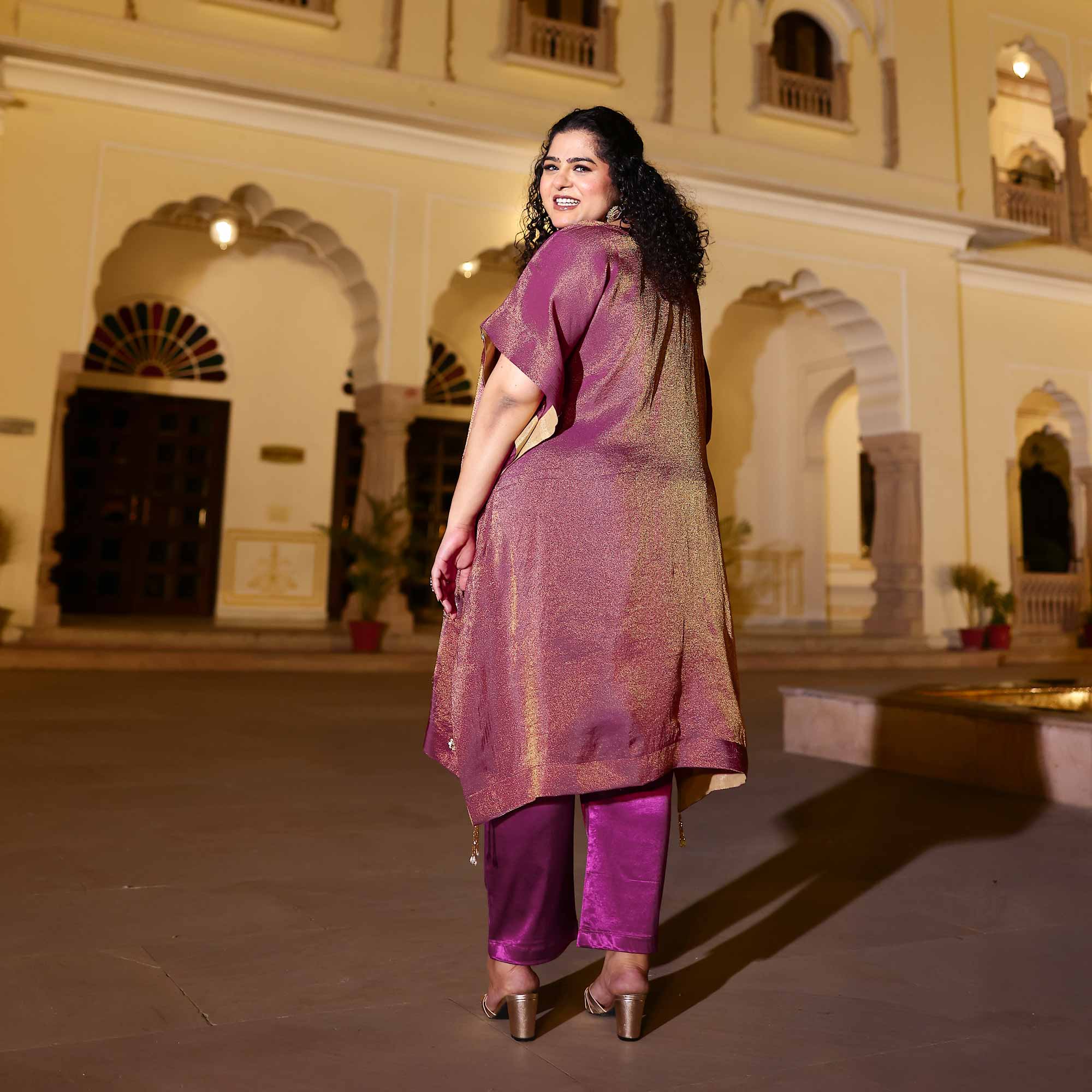 Gold & Plum Pure Tissue Silk Cutdana Kaftan Set - Image 7