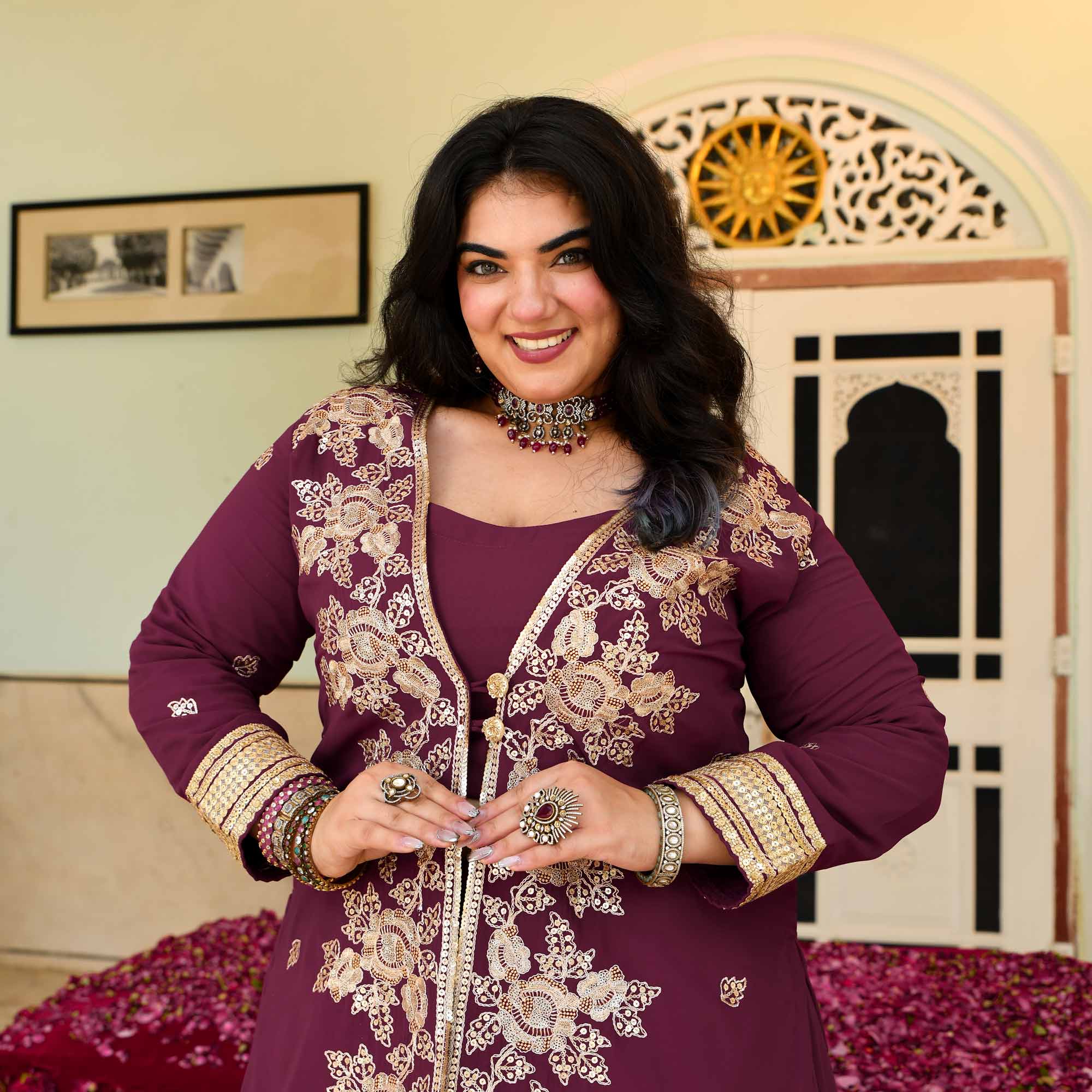 Gulab Jamun- Deep Wine Embroidered Georgette Cape Lehenga Set - Image 2