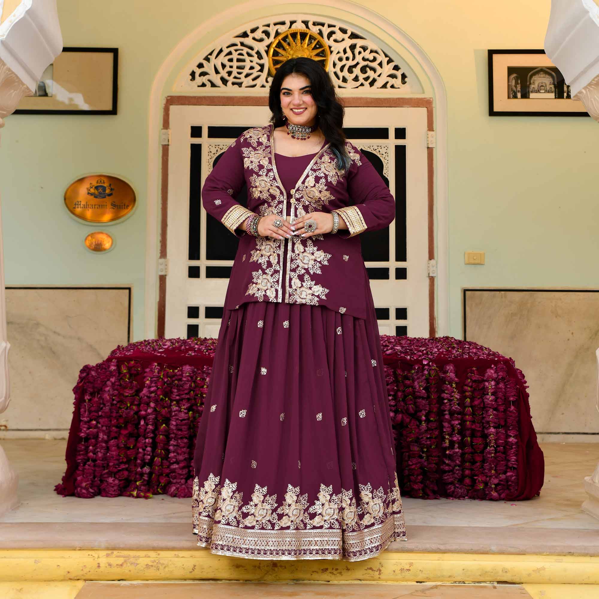Gulab Jamun- Deep Wine Embroidered Georgette Cape Lehenga Set - Image 5