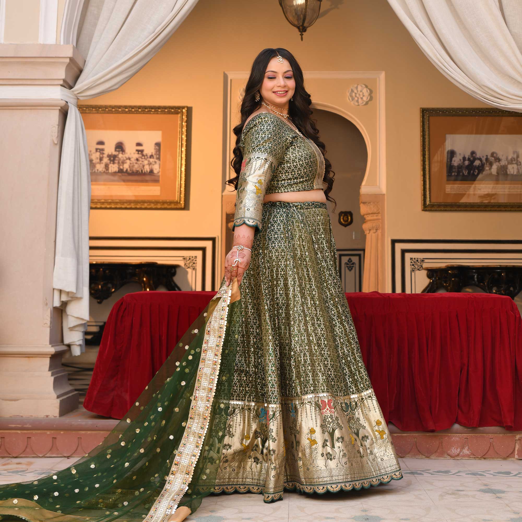 Harini- Mehendi green Banarasi Silk Lehenga Set - Image 5