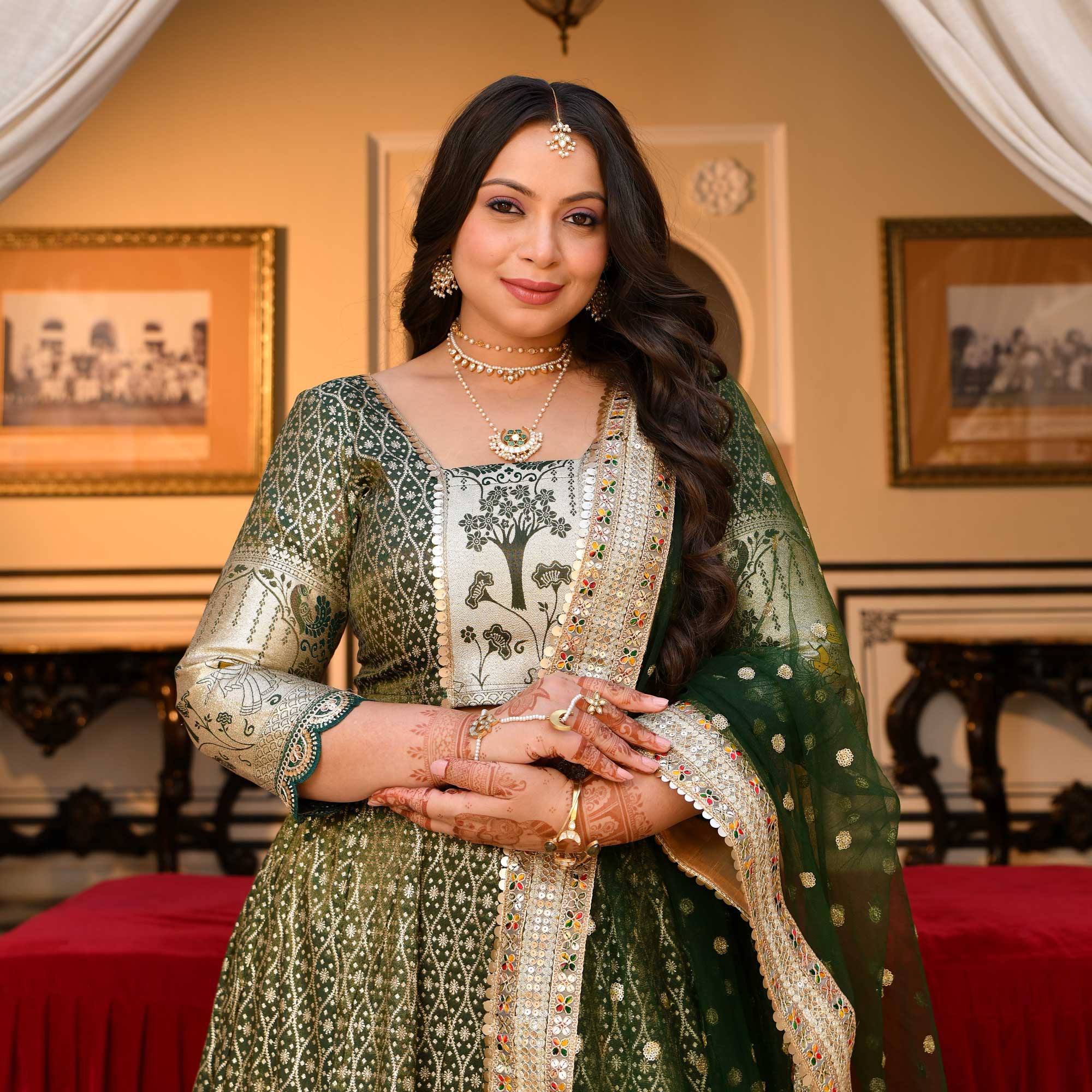 Harini- Mehendi green Banarasi Silk Lehenga Set - Image 9
