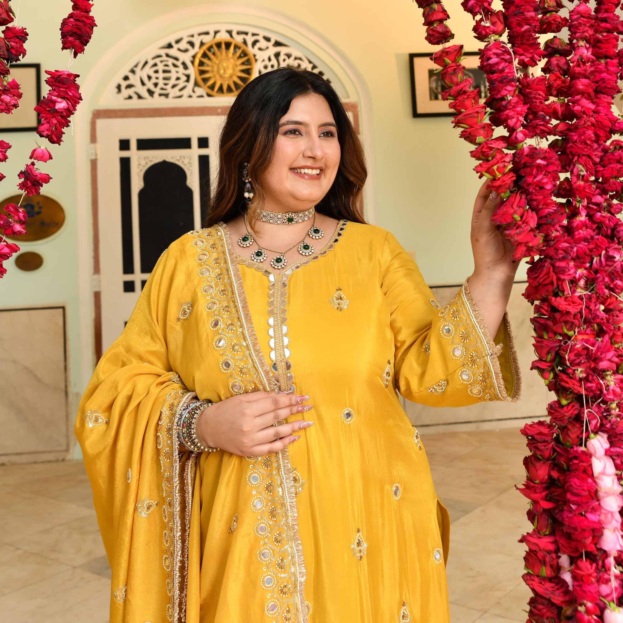 Heeriye- Yellow Mirror & Cutdana Embroidered Pure Tissue Silk Suit Set - Image 2