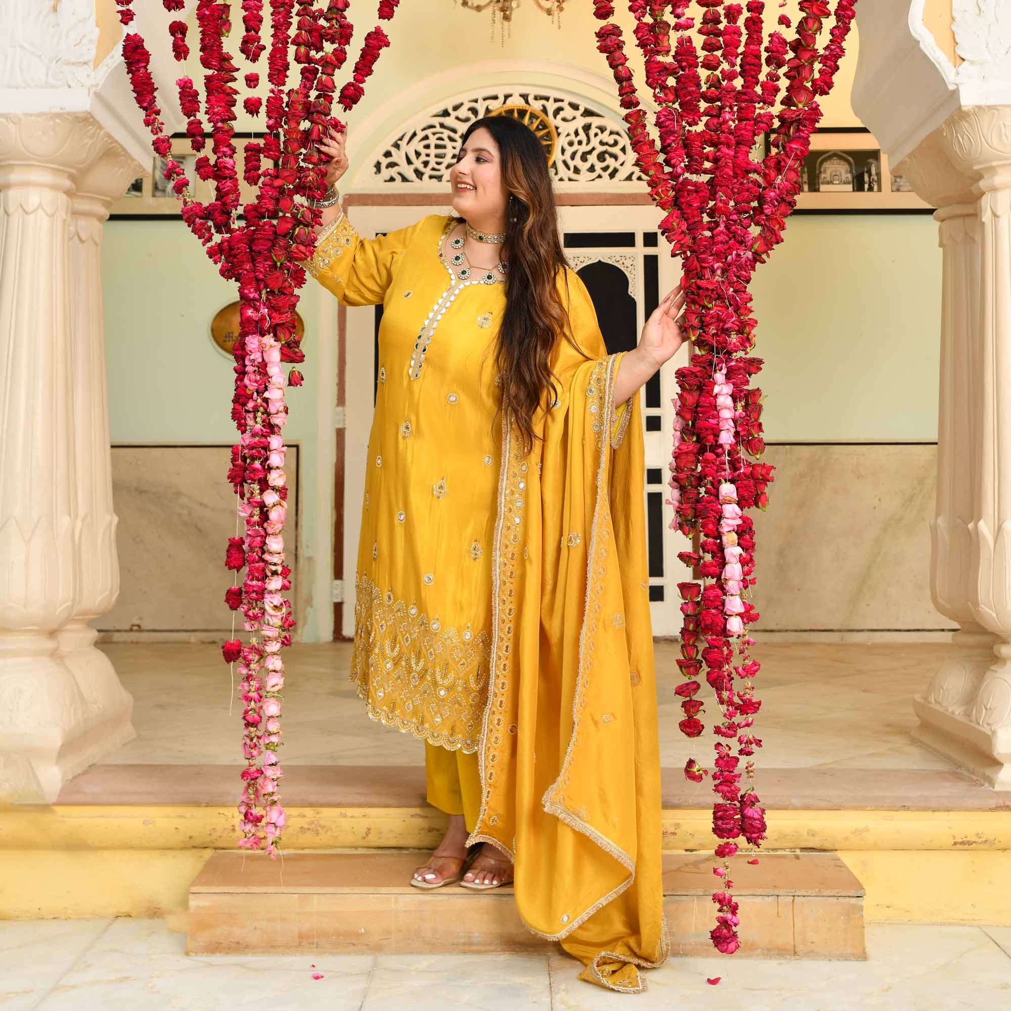Heeriye- Yellow Mirror & Cutdana Embroidered Pure Tissue Silk Suit Set - Image 3