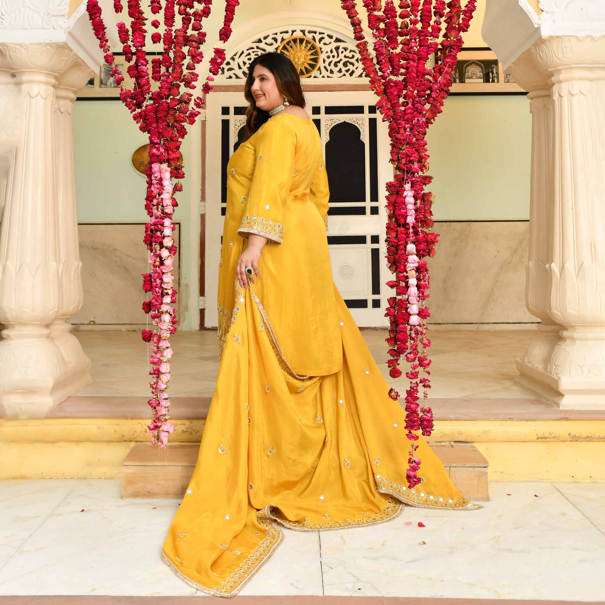 Heeriye- Yellow Mirror & Cutdana Embroidered Pure Tissue Silk Suit Set - Image 7