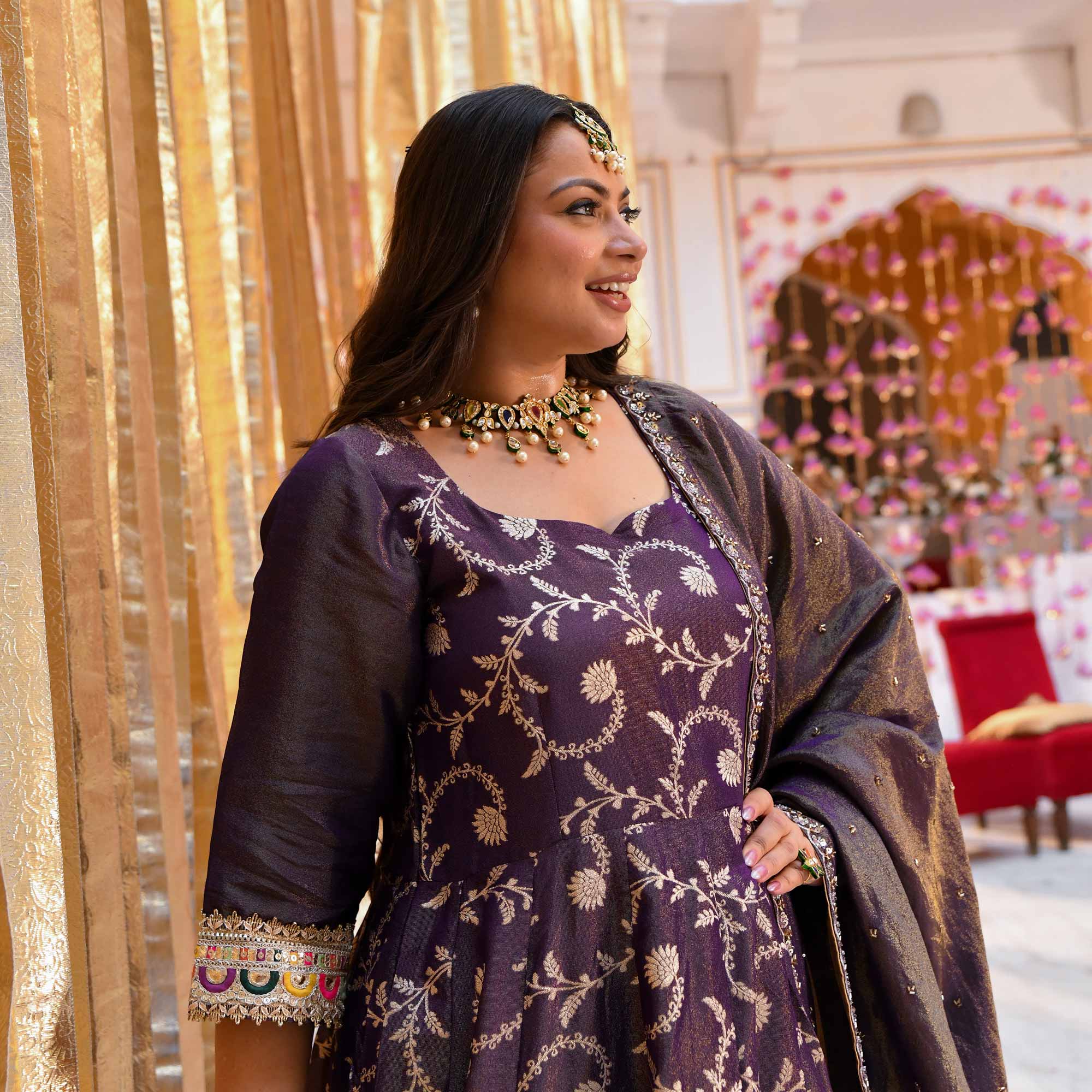 Heirloom-Violet Banarasi Tissue Silk Embroidered Anarkali Set - Image 11