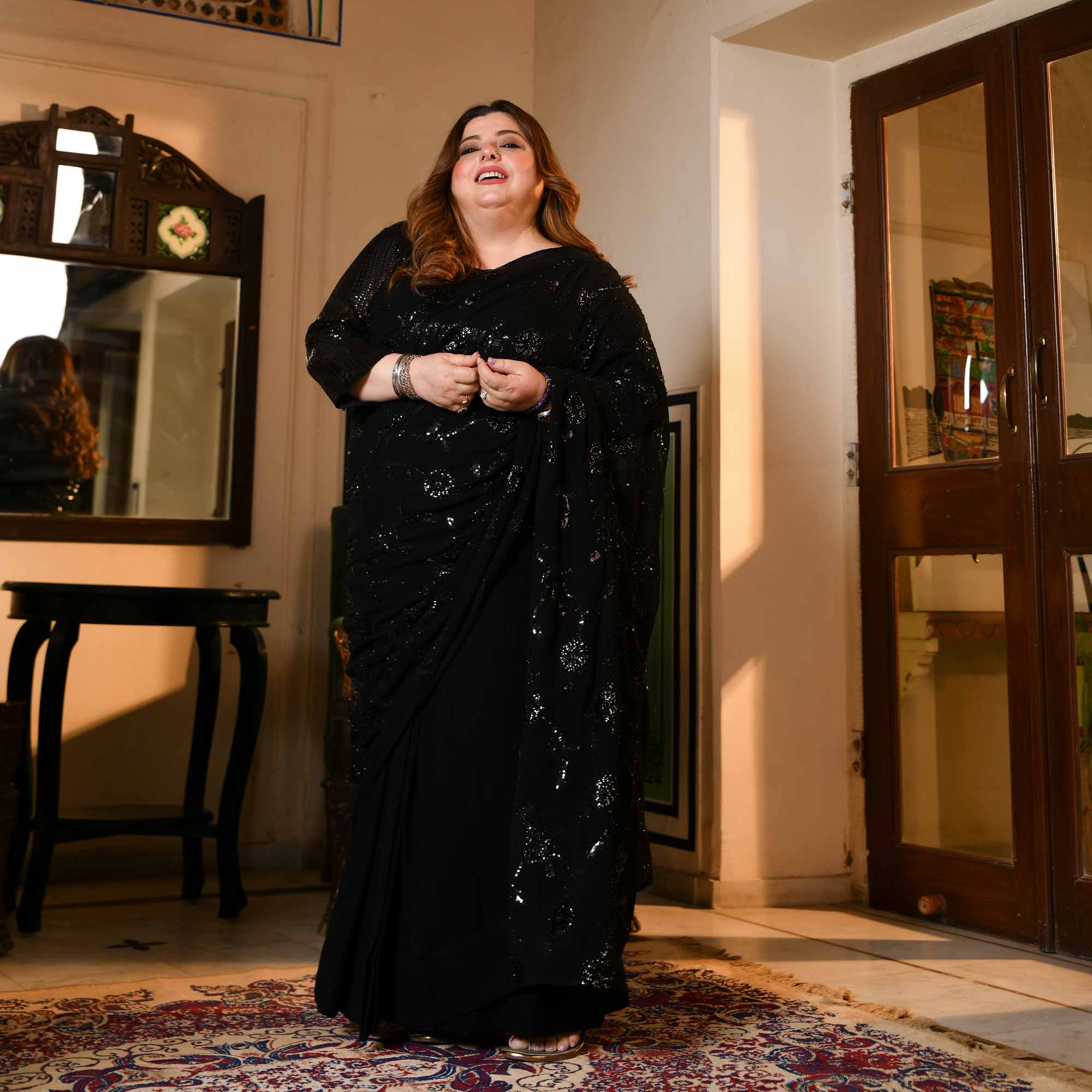 Her Highness- Black Georgette Cutdana & Sequin Embroidered Drape Saree - Image 10